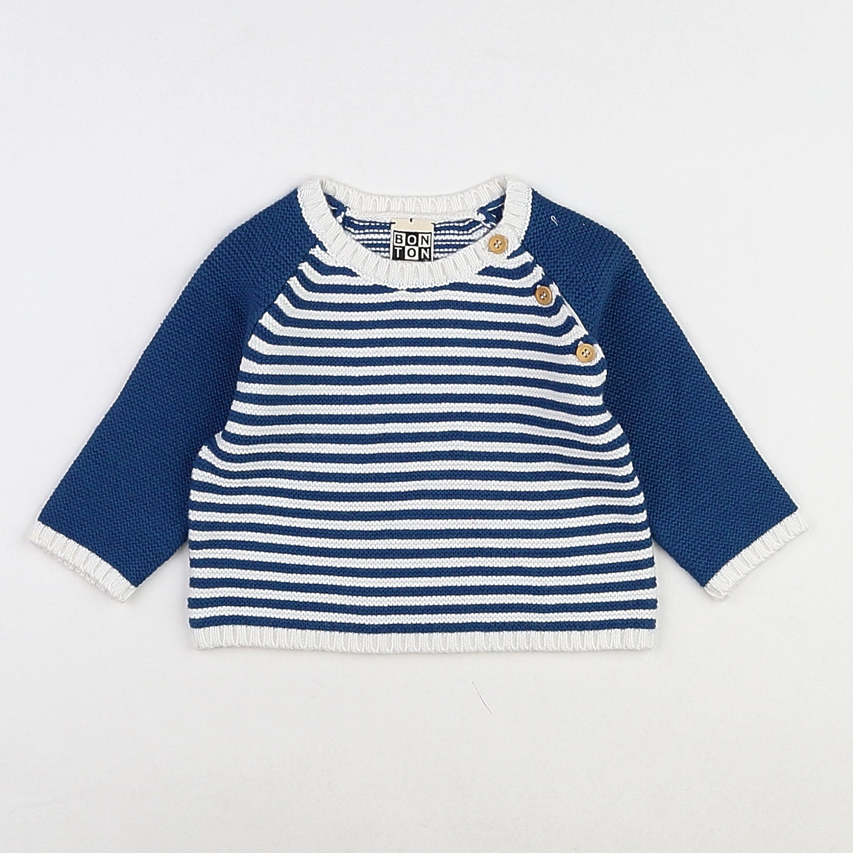 Bonton - pull blanc, bleu - 12 mois