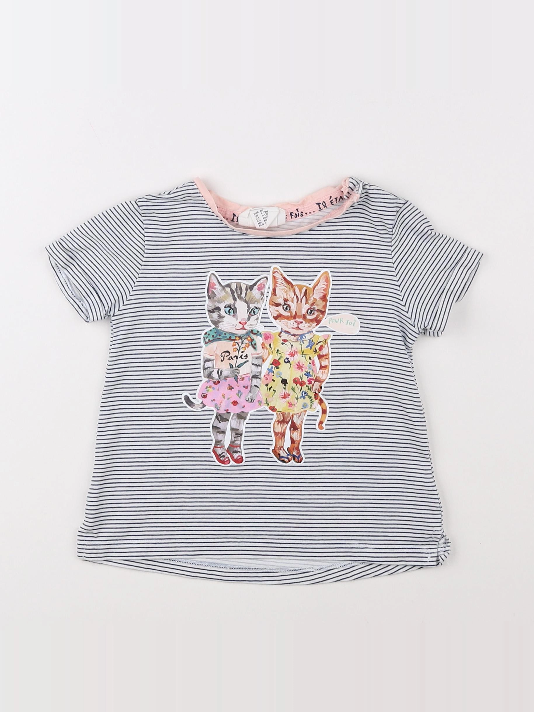 H&M - tee-shirt bleu, blanc - 9/12 mois