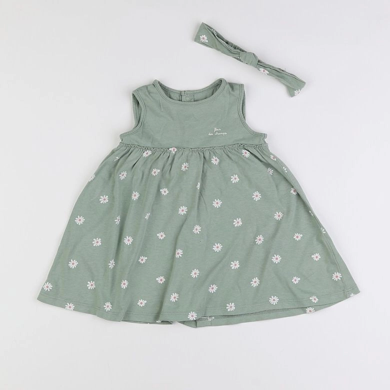 Vertbaudet - robe vert, blanc - 12 mois