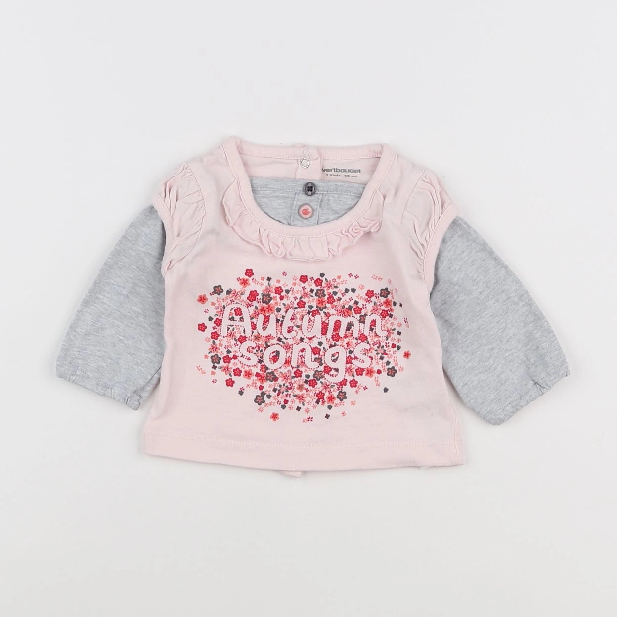 Vertbaudet - tee-shirt gris, rose - 3 mois