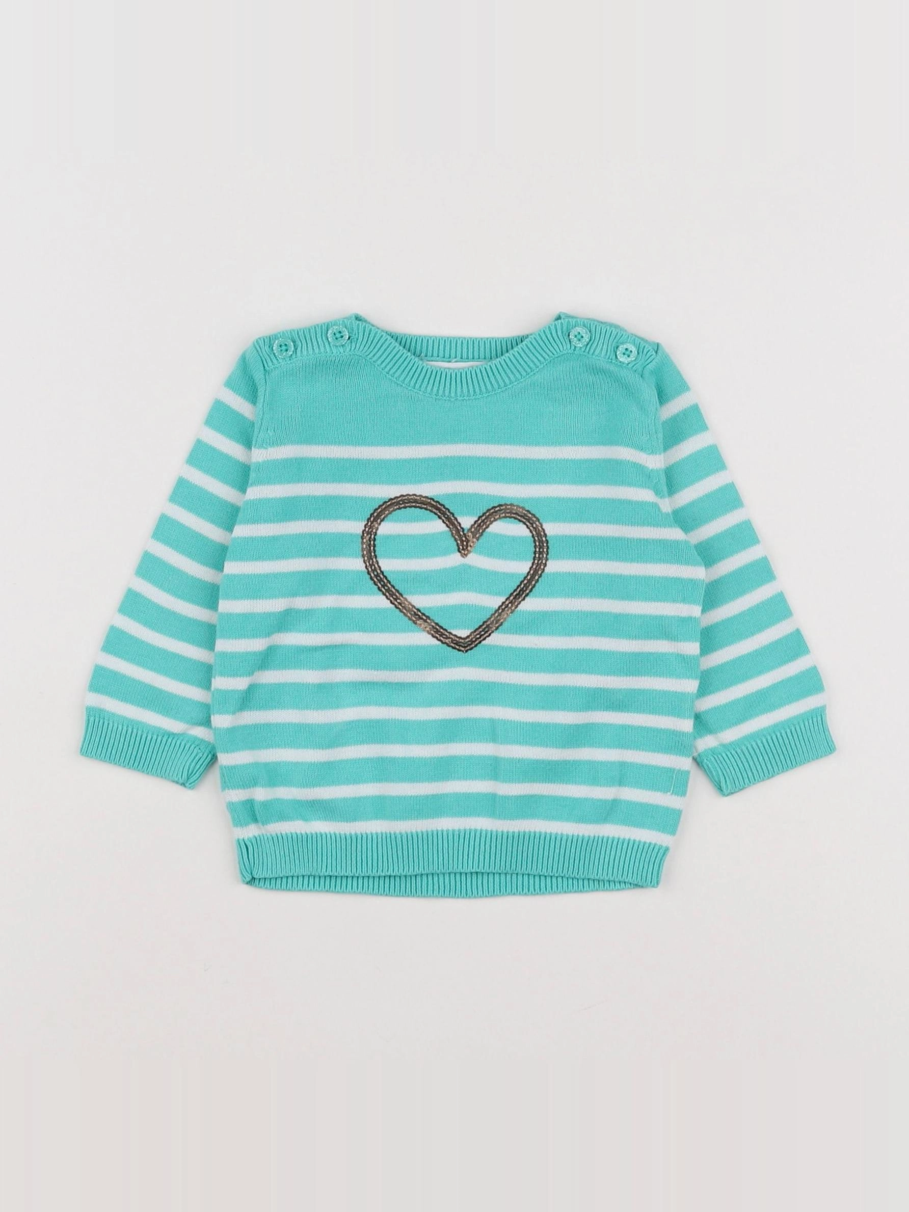 Vertbaudet - pull vert, blanc - 6 mois