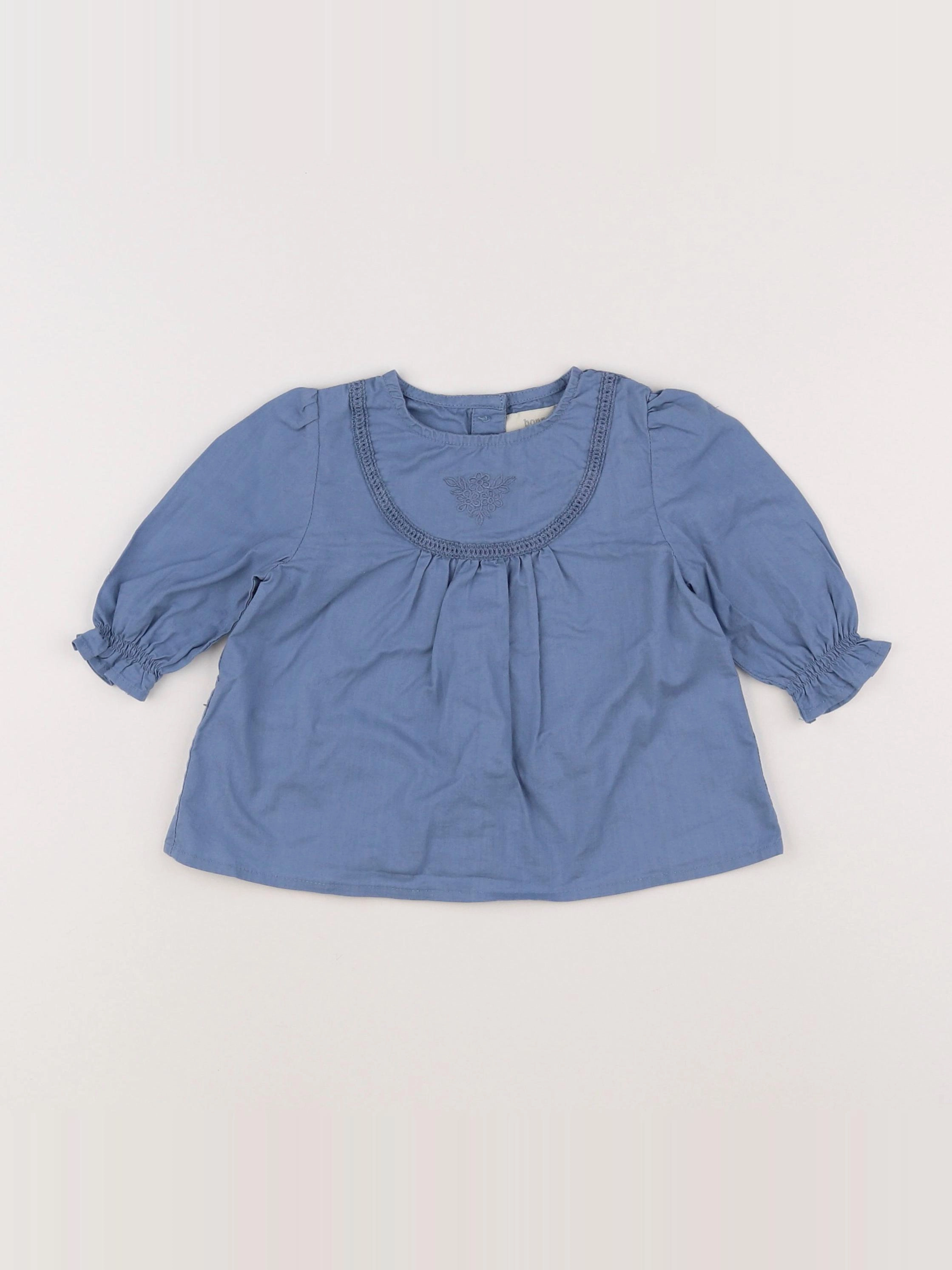 Bonnet à Pompon - blouse bleu - 12 mois