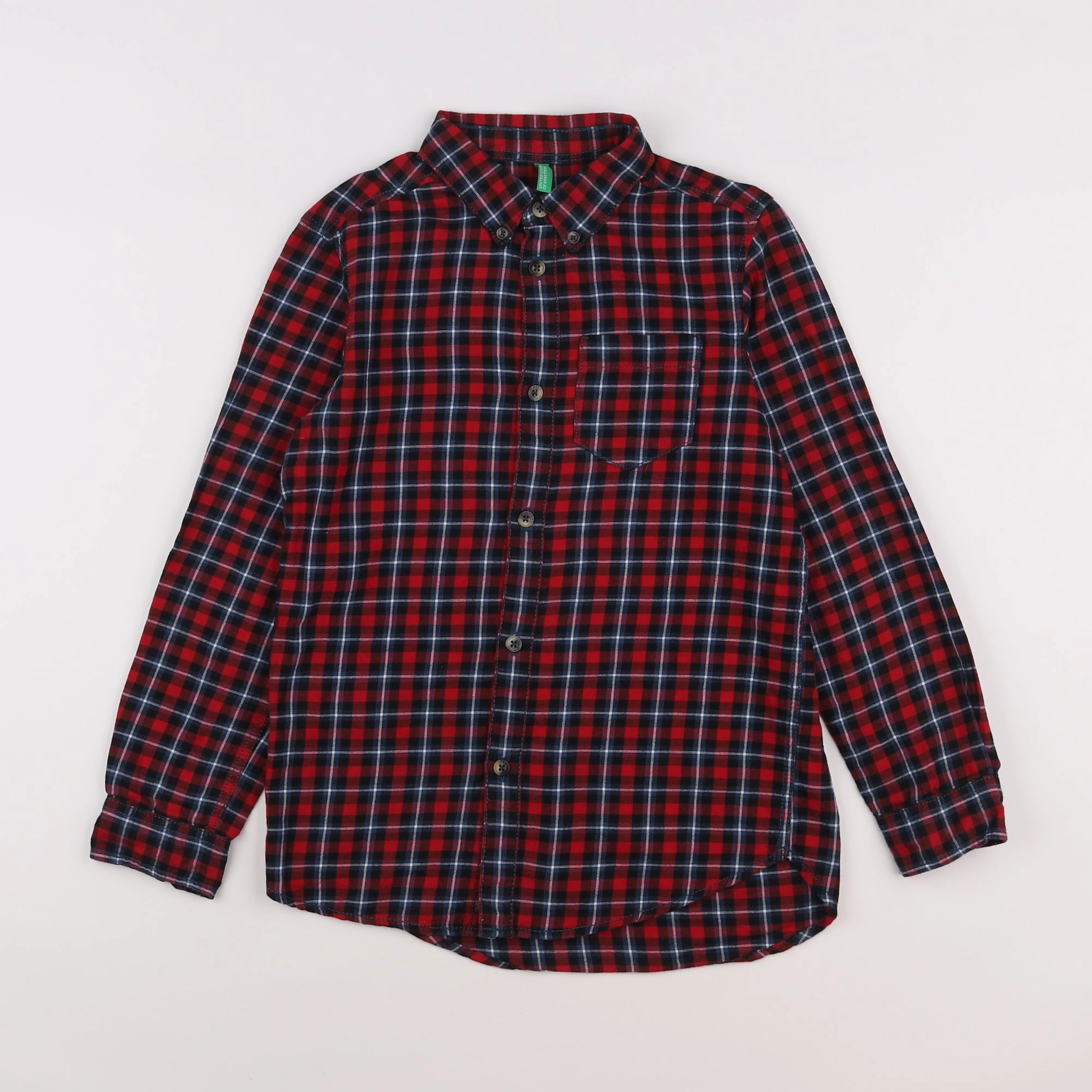 Benetton - chemise bleu, rouge - 7/8 ans