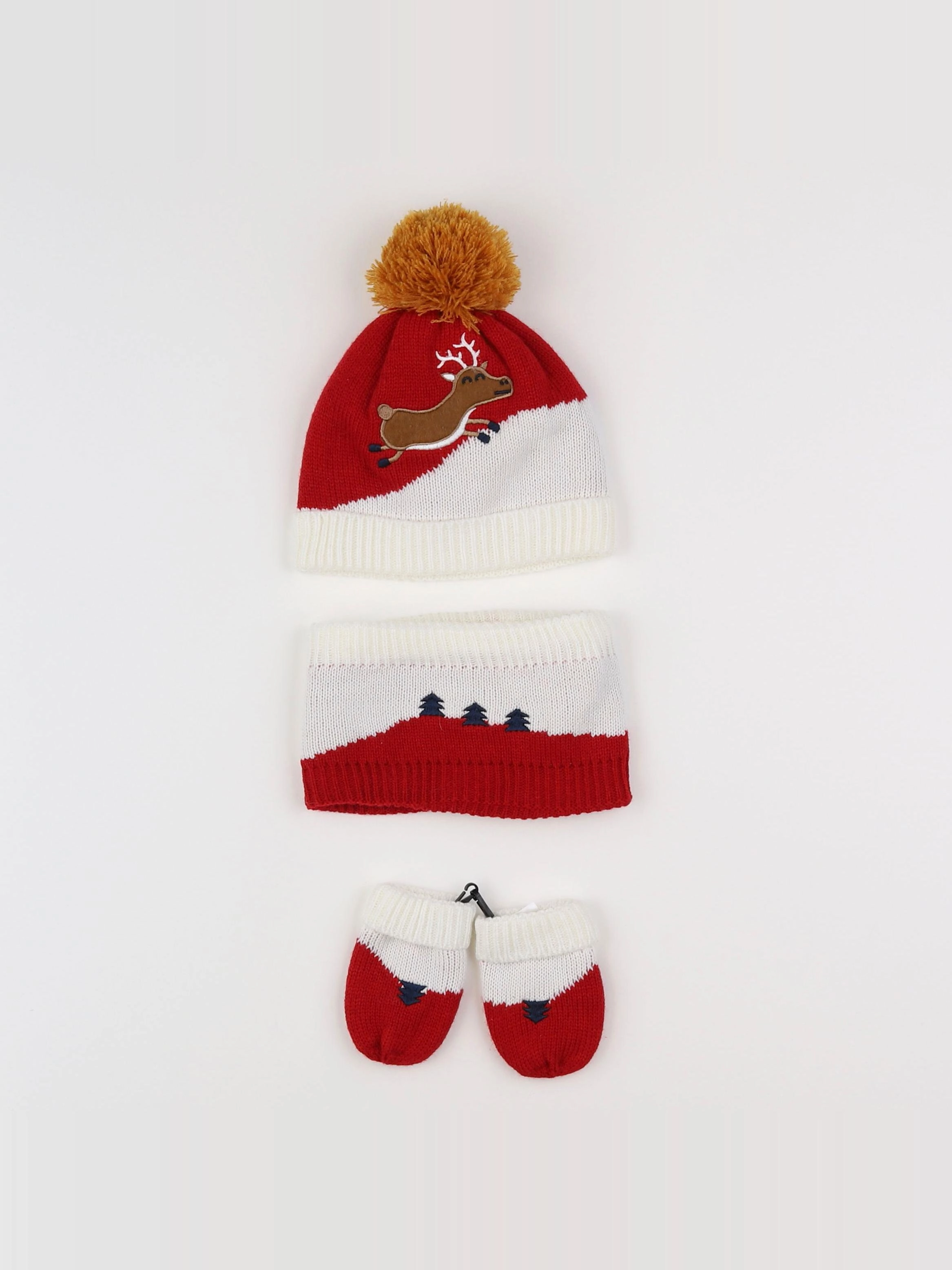 Vertbaudet - ensemble bonnet/moufles/tour de cou rouge, blanc - 3/6 mois