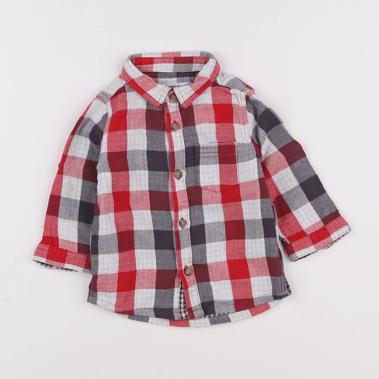 Vertbaudet - chemise rouge, gris - 9 mois