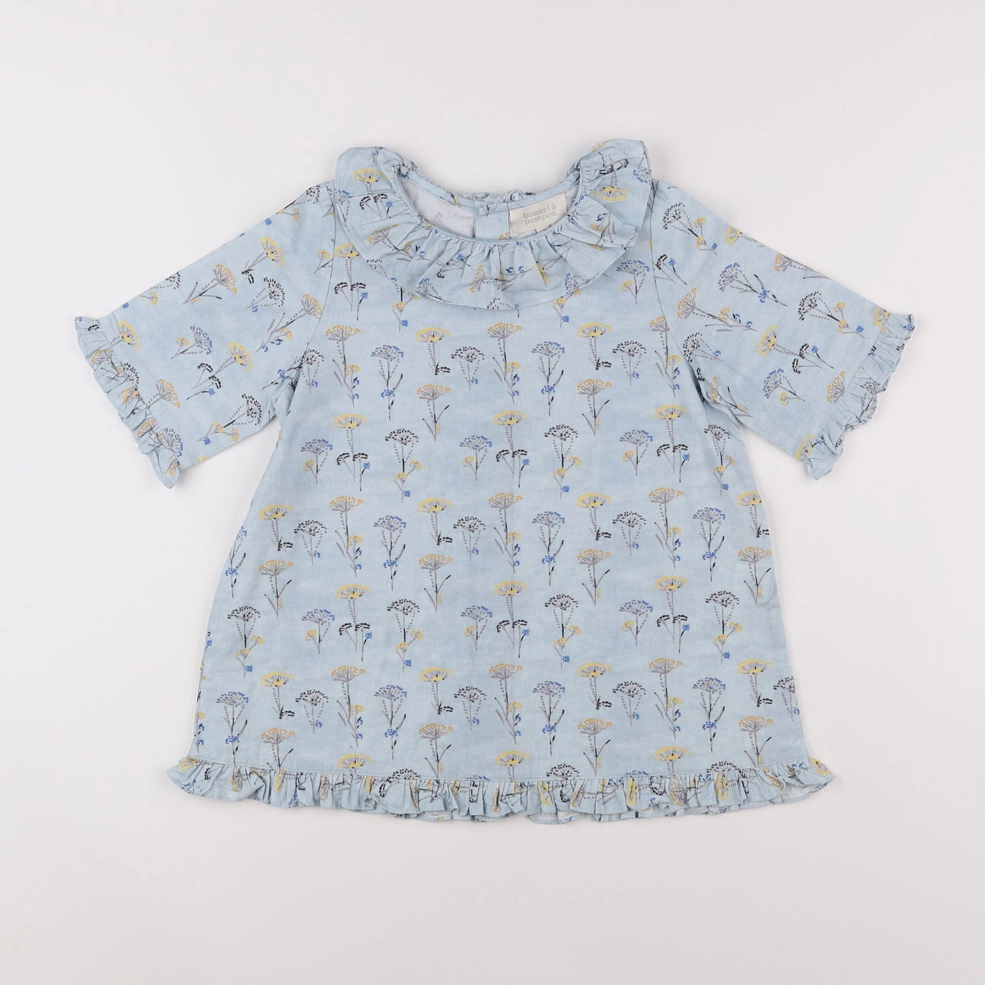 Bonnet à Pompon - blouse bleu - 8 ans