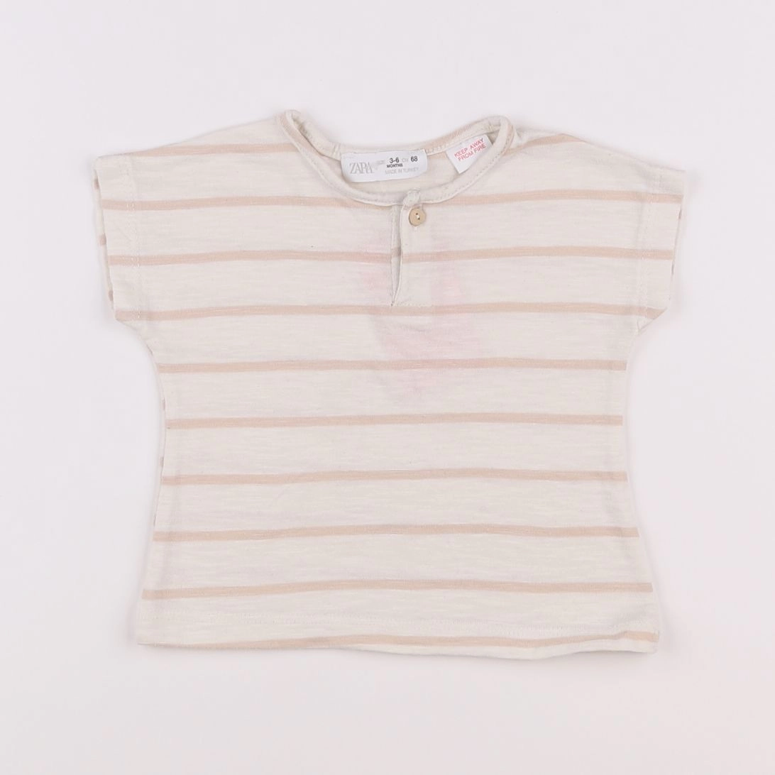 Zara - tee-shirt blanc, rose - 3/6 mois