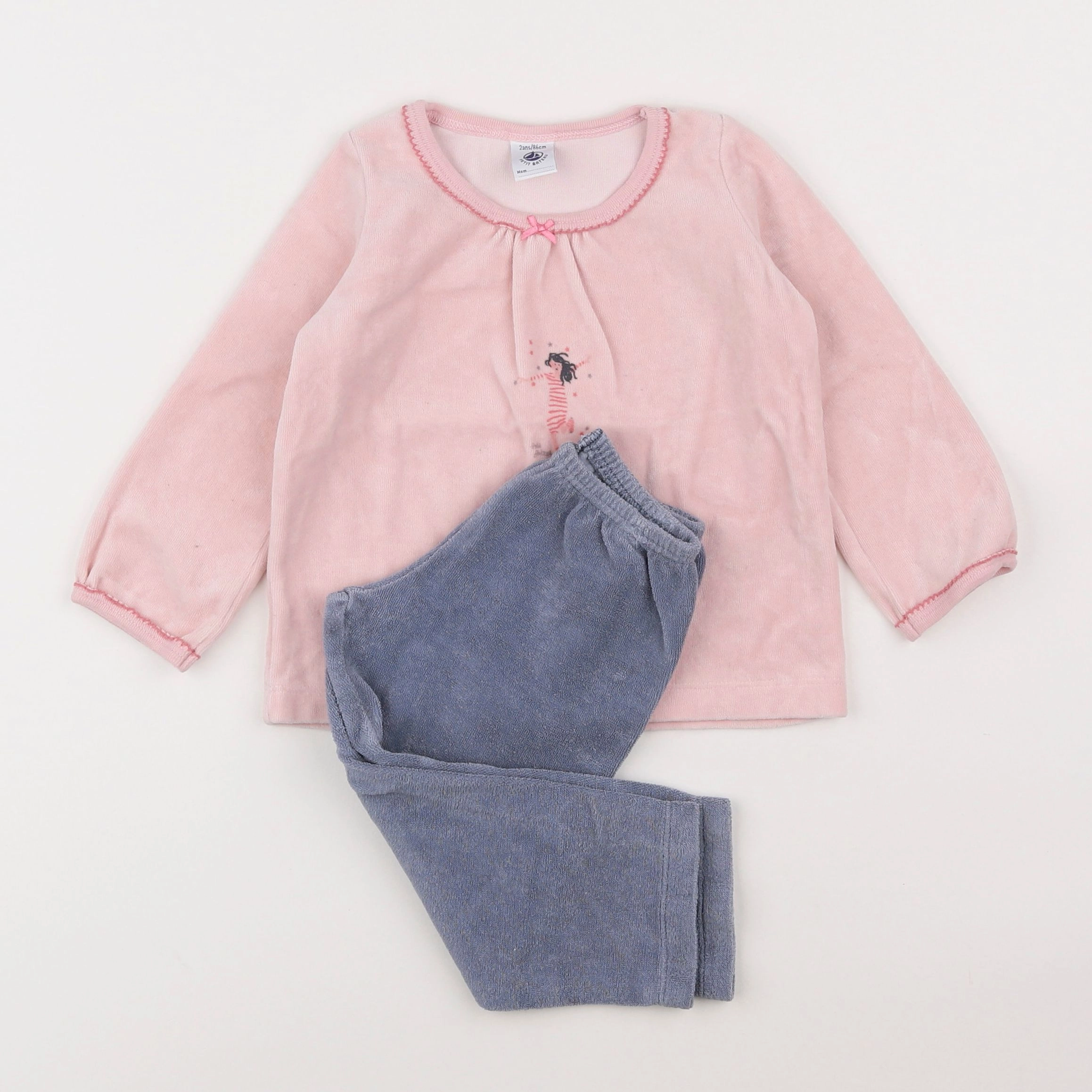 Petit Bateau - pyjama velours rose, gris - 2 ans