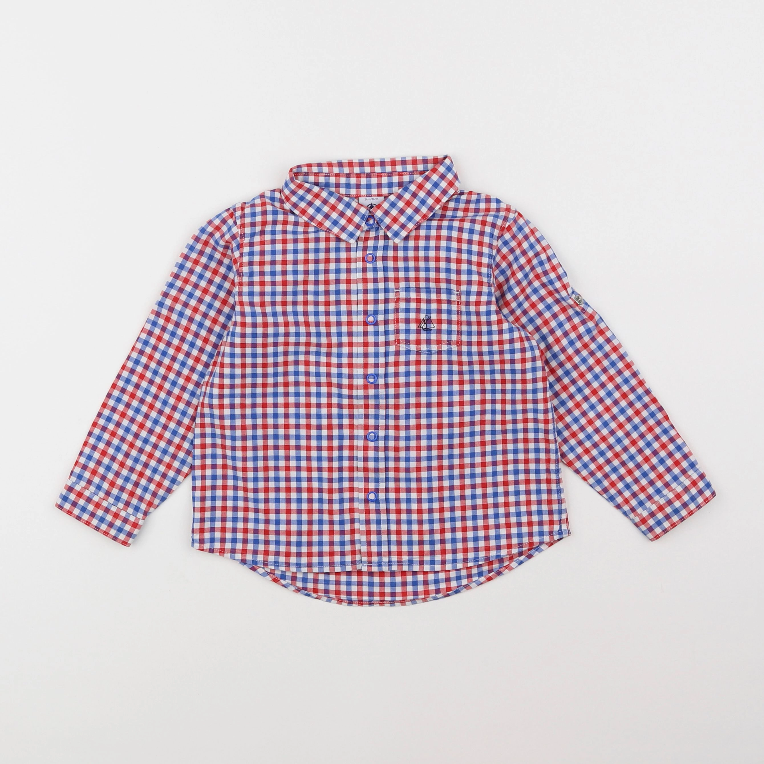 Petit Bateau - chemise bleu, blanc, rouge - 2 ans