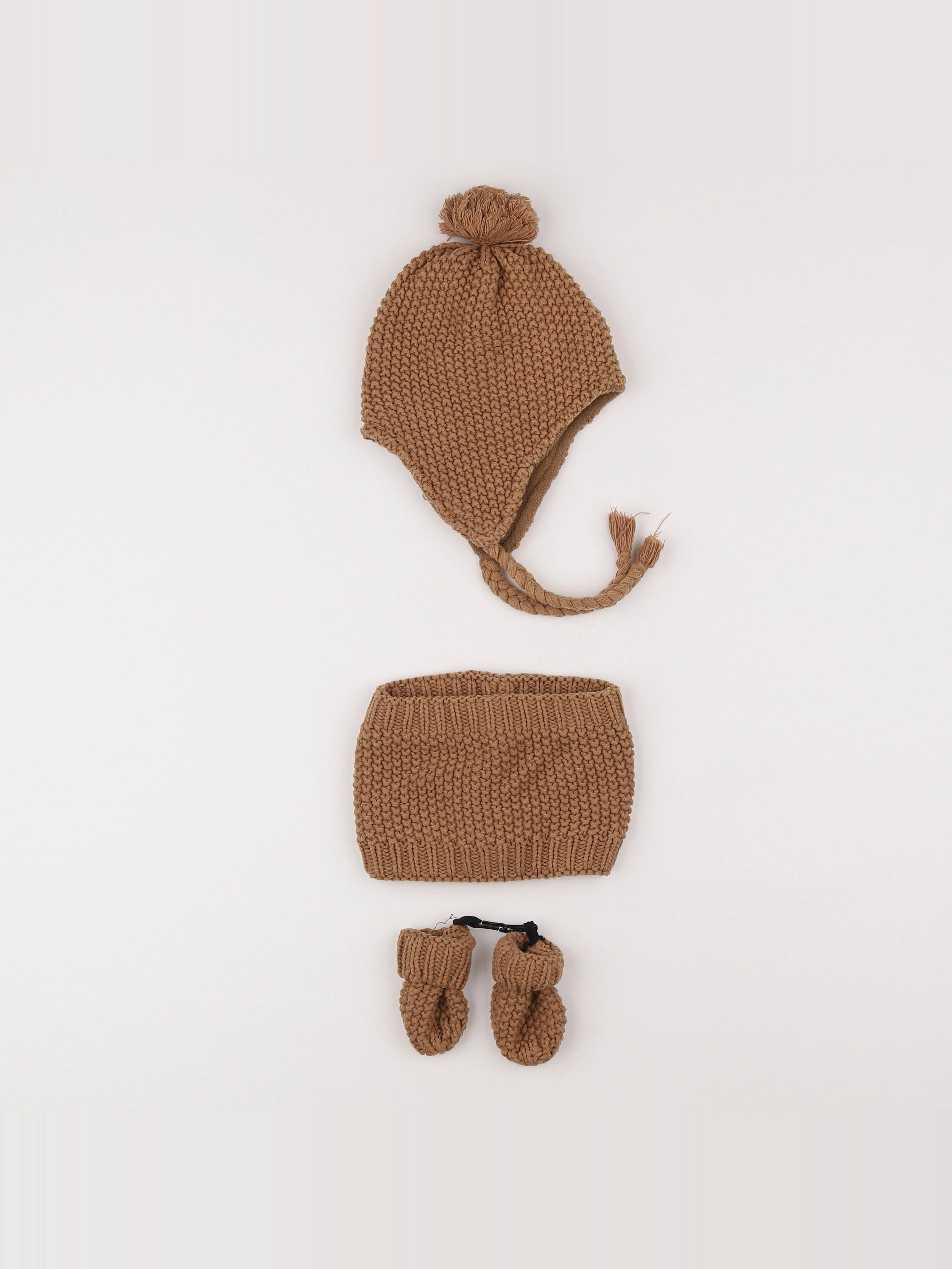 Vertbaudet - ensemble bonnet/moufles/tour de cou marron - 6/12 mois