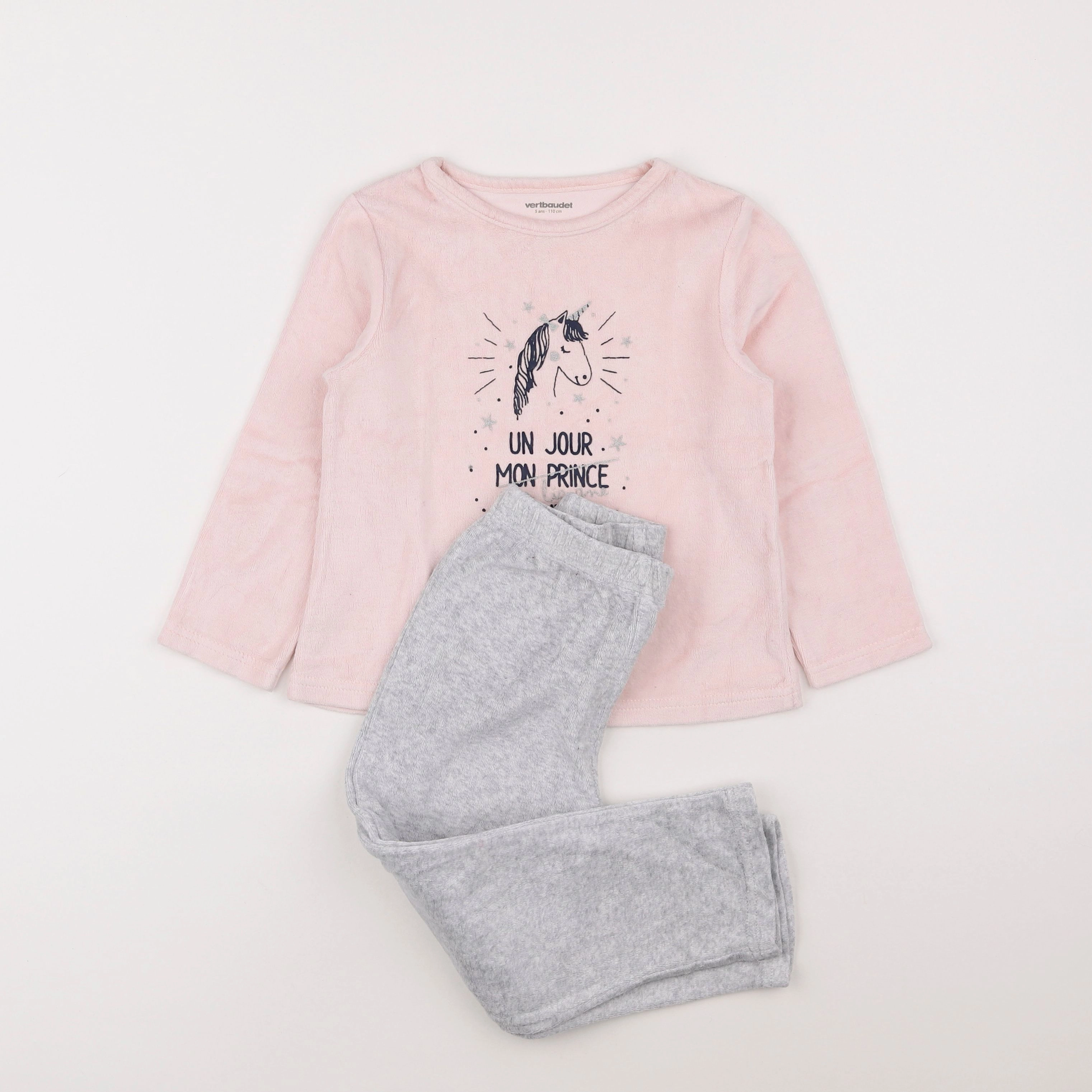 Vertbaudet - pyjama velours gris, rose - 5 ans