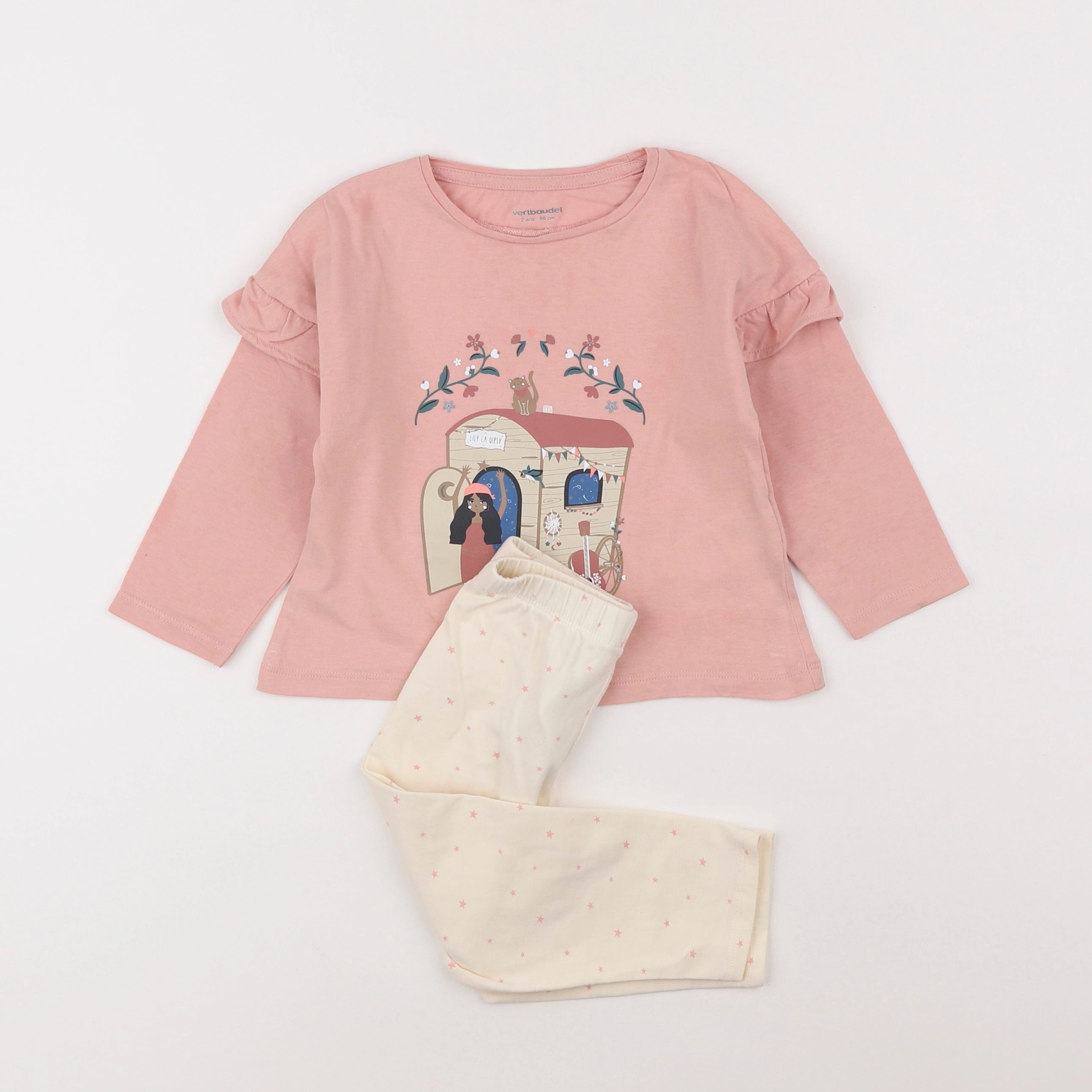 Vertbaudet - pyjama coton beige, rose - 2 ans