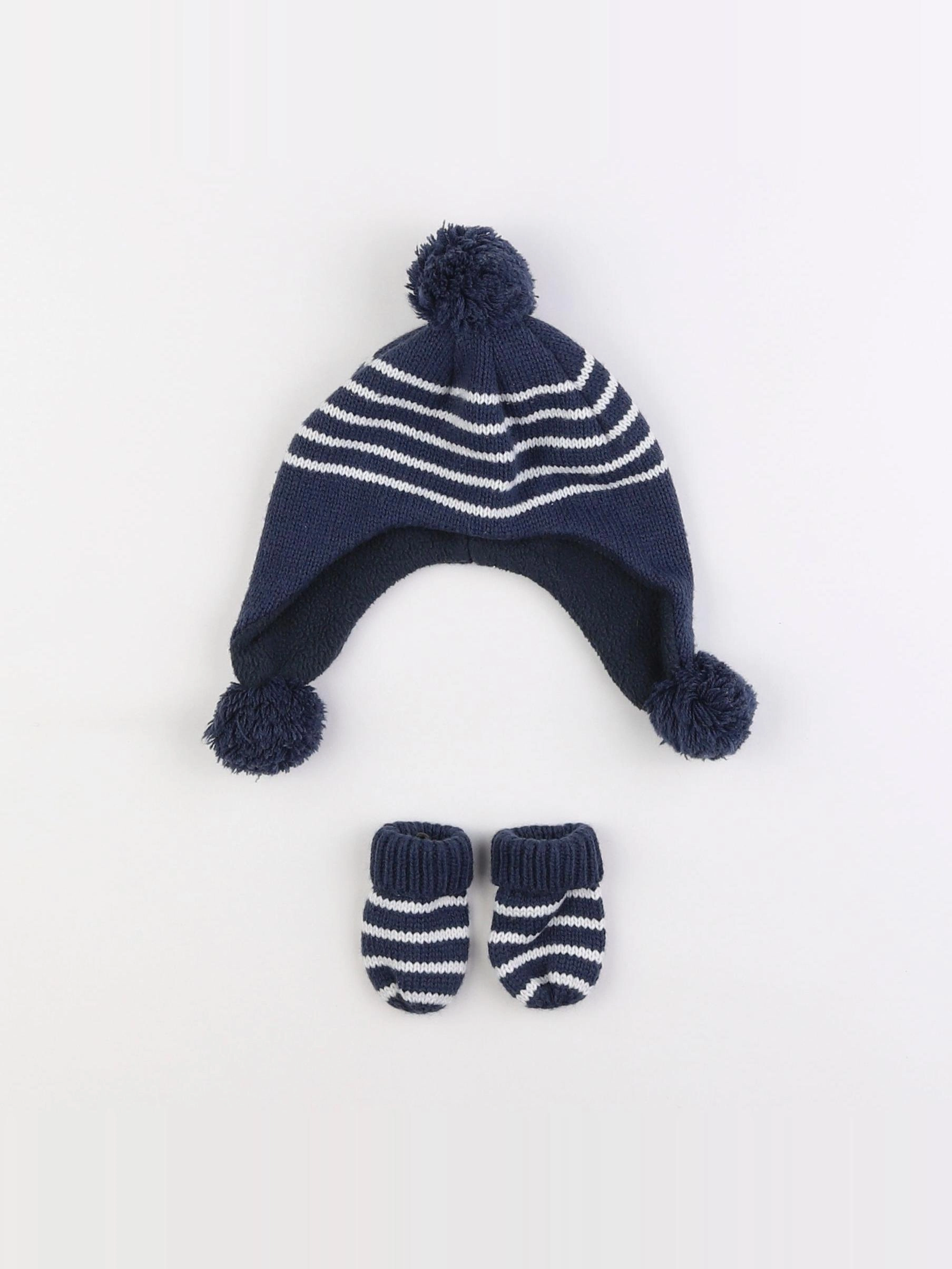 Vertbaudet - ensemble bonnet/moufles bleu - 3/6 mois