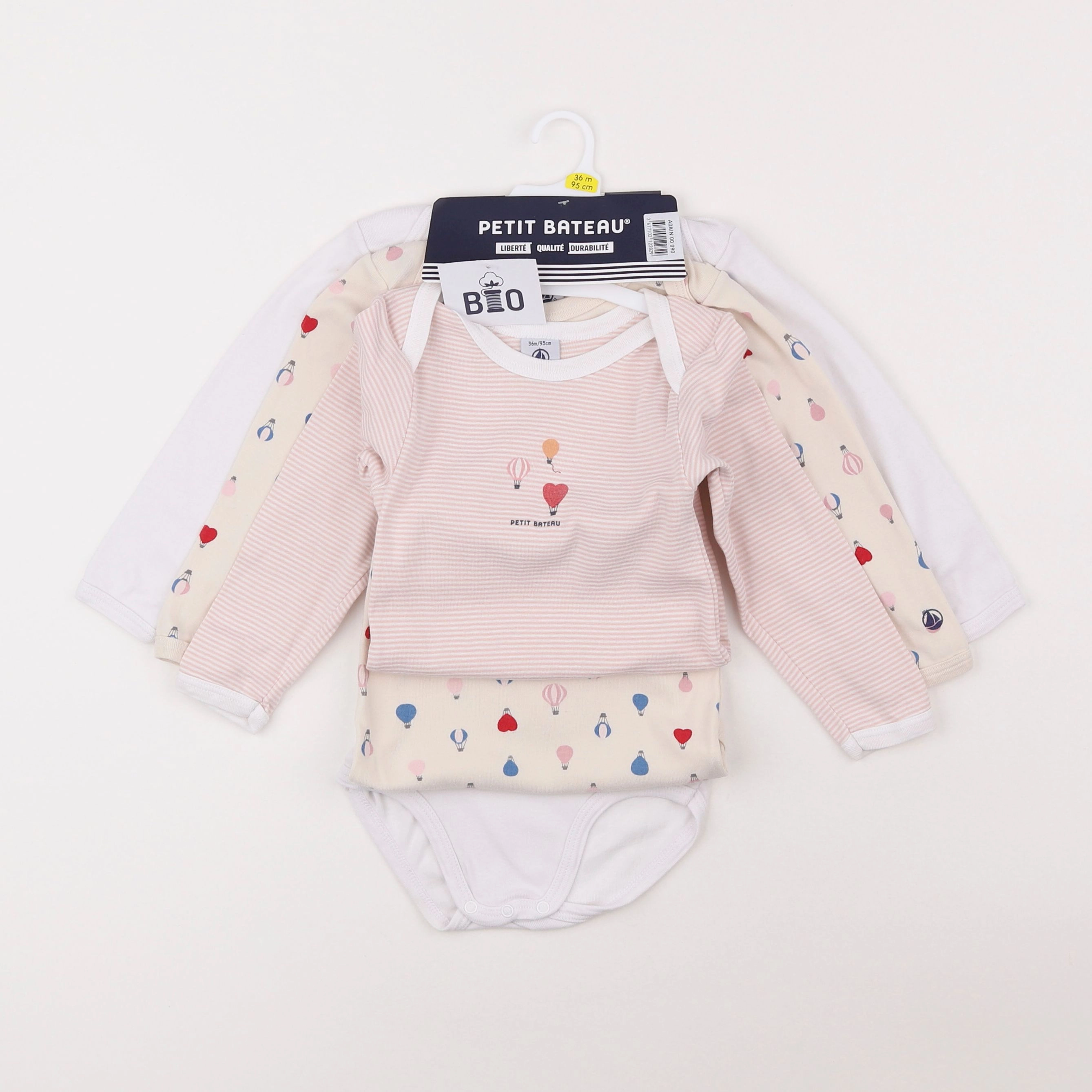 Petit Bateau - lot de 3 bodies en coton rose, beige, blanc - 3 ans