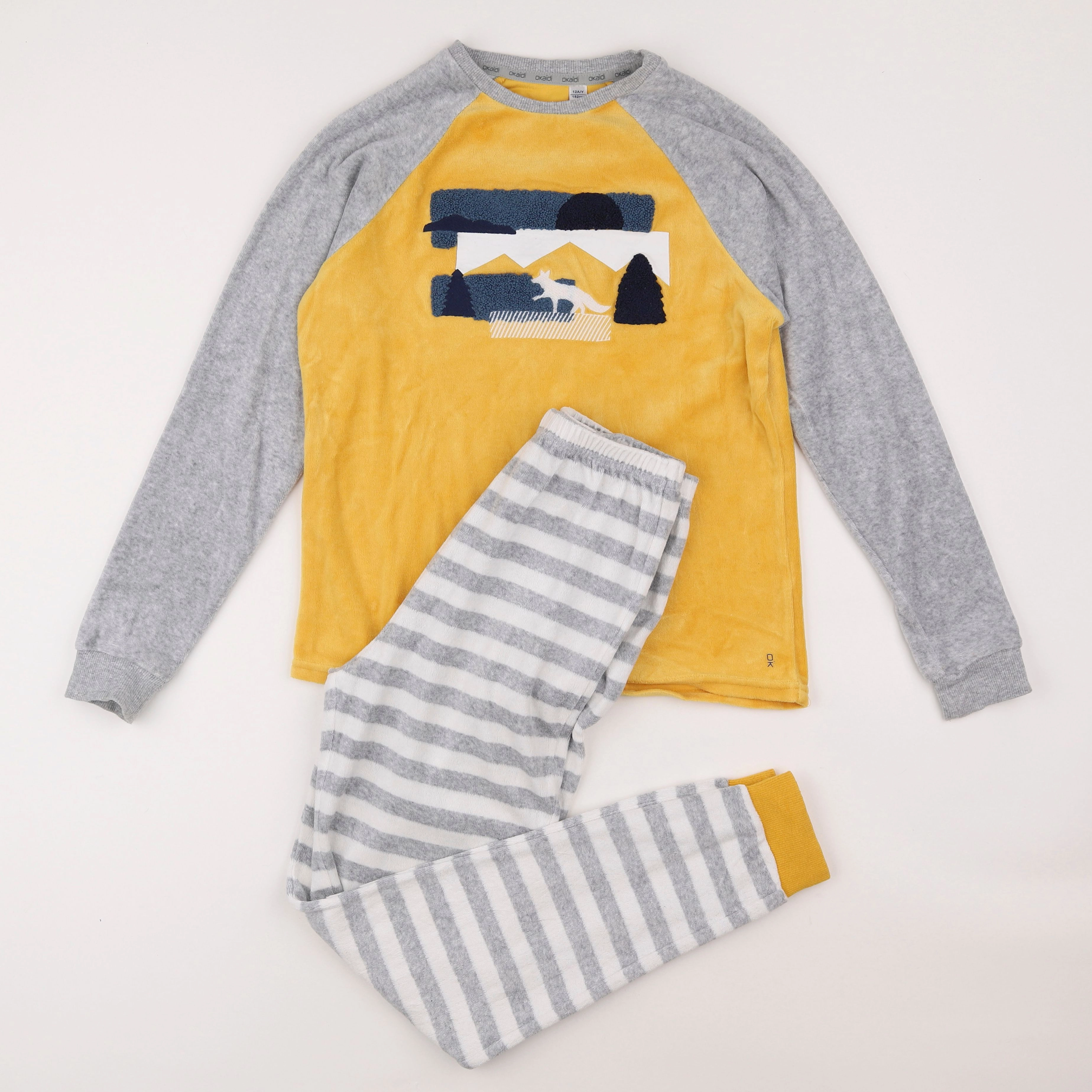 Okaidi - pyjama velours jaune, gris - 12 ans