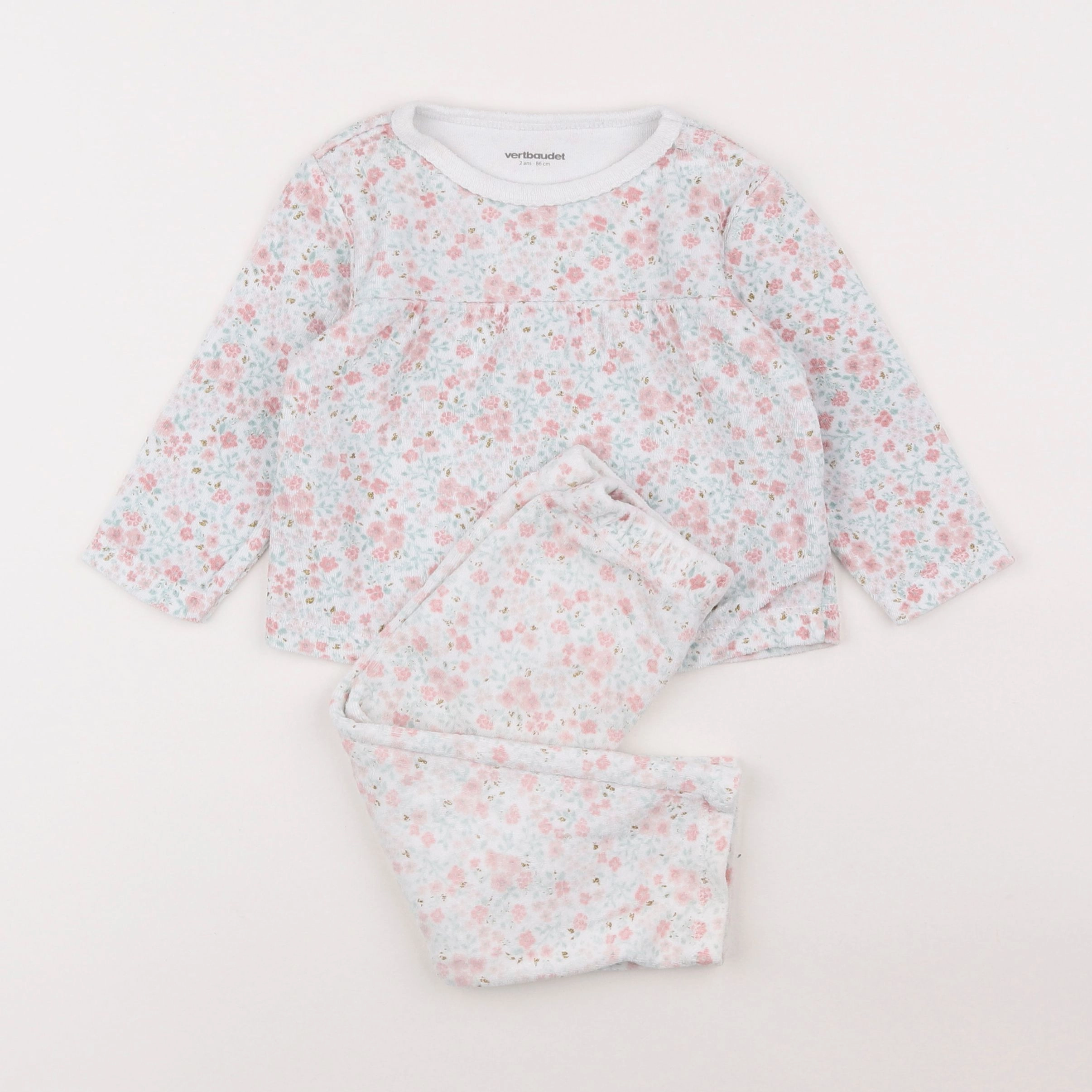 Vertbaudet - pyjama velours blanc, rose - 2 ans