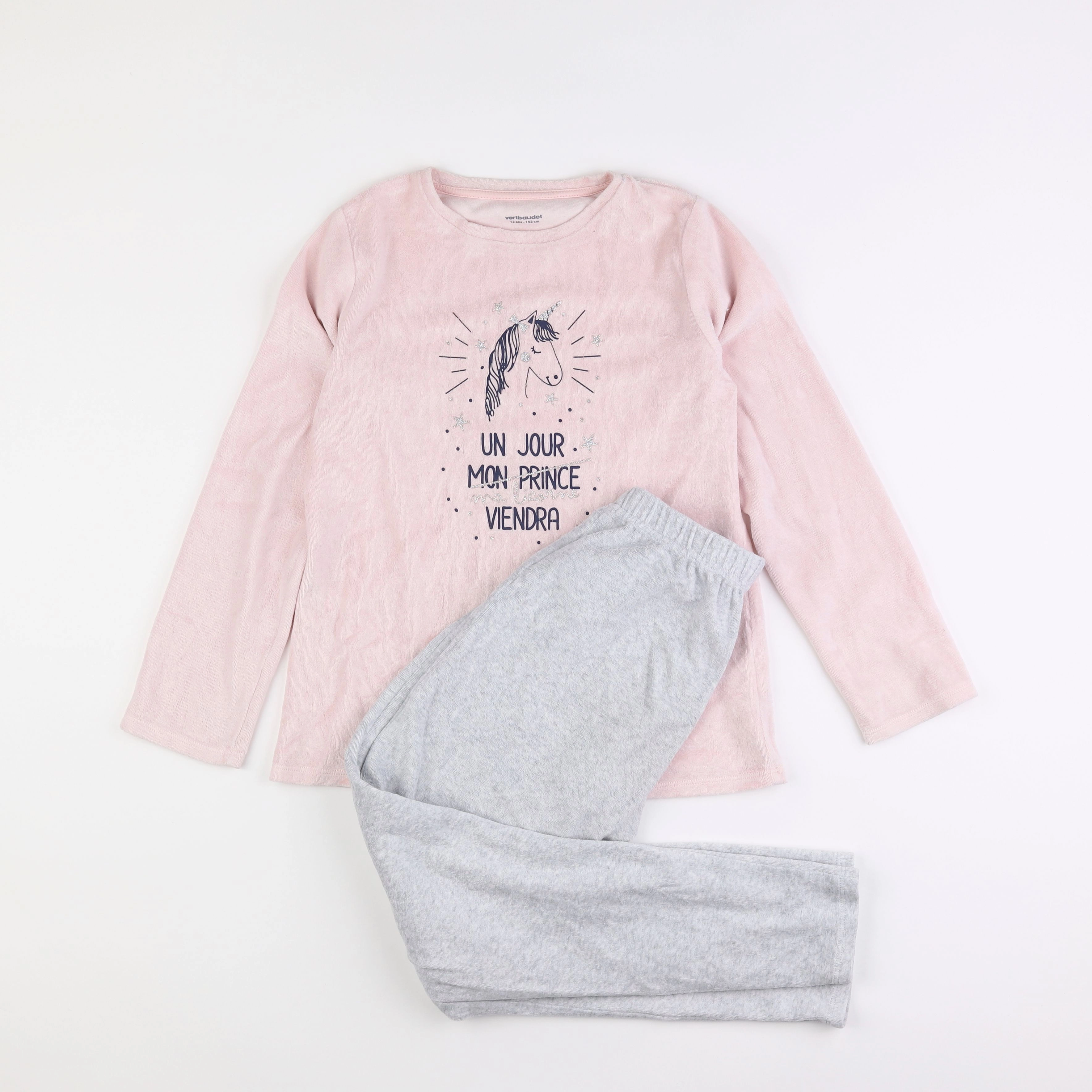 Vertbaudet - pyjama velours gris, rose - 12 ans