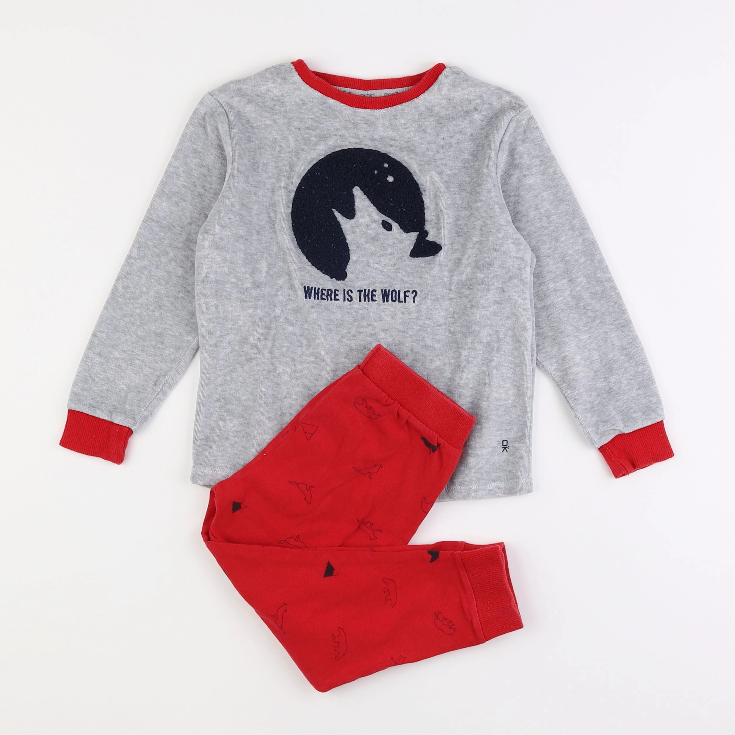 Okaidi - pyjama velours gris, rouge - 4 ans