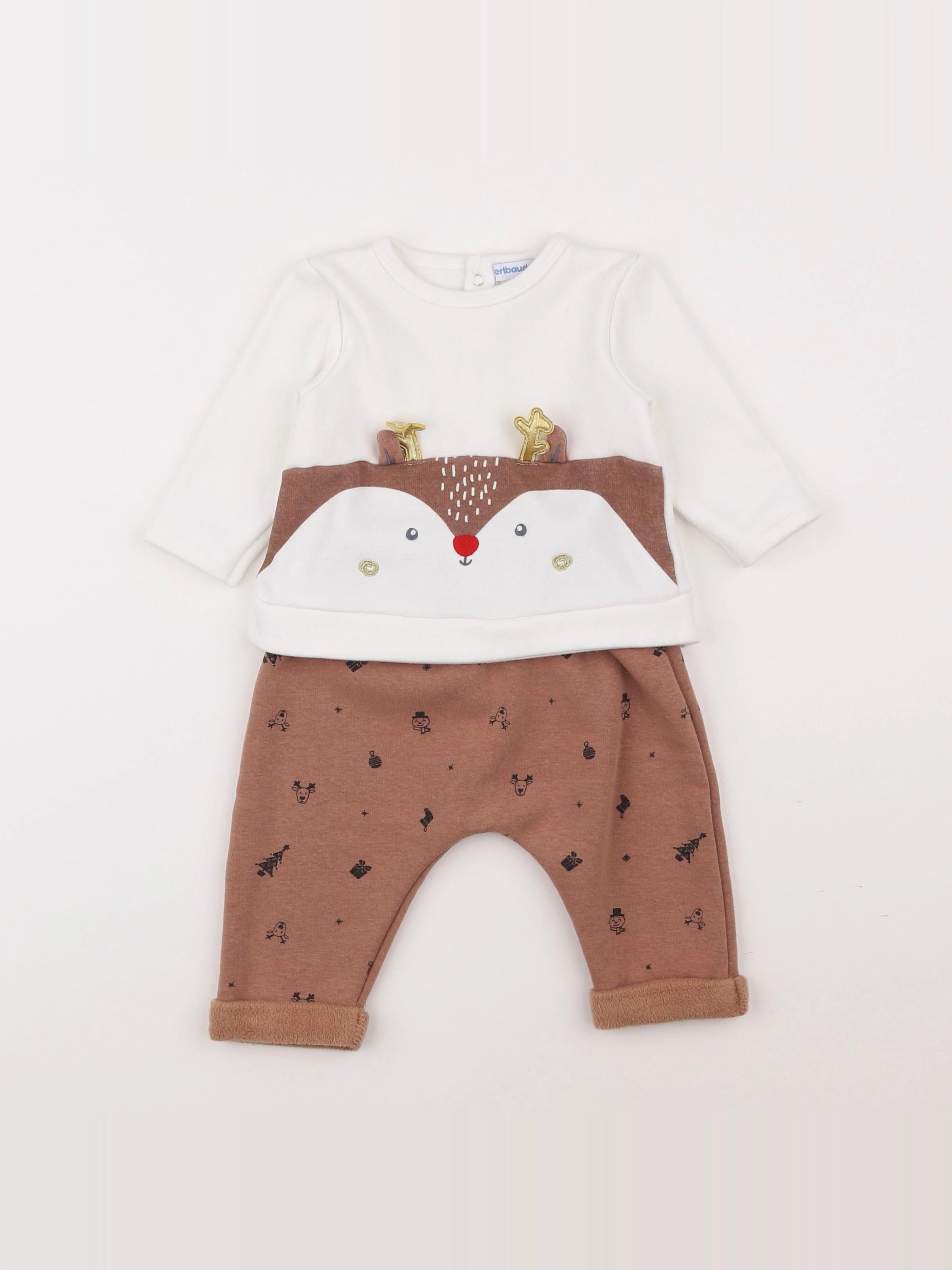 Vertbaudet - ensemble blanc, marron - 6 mois