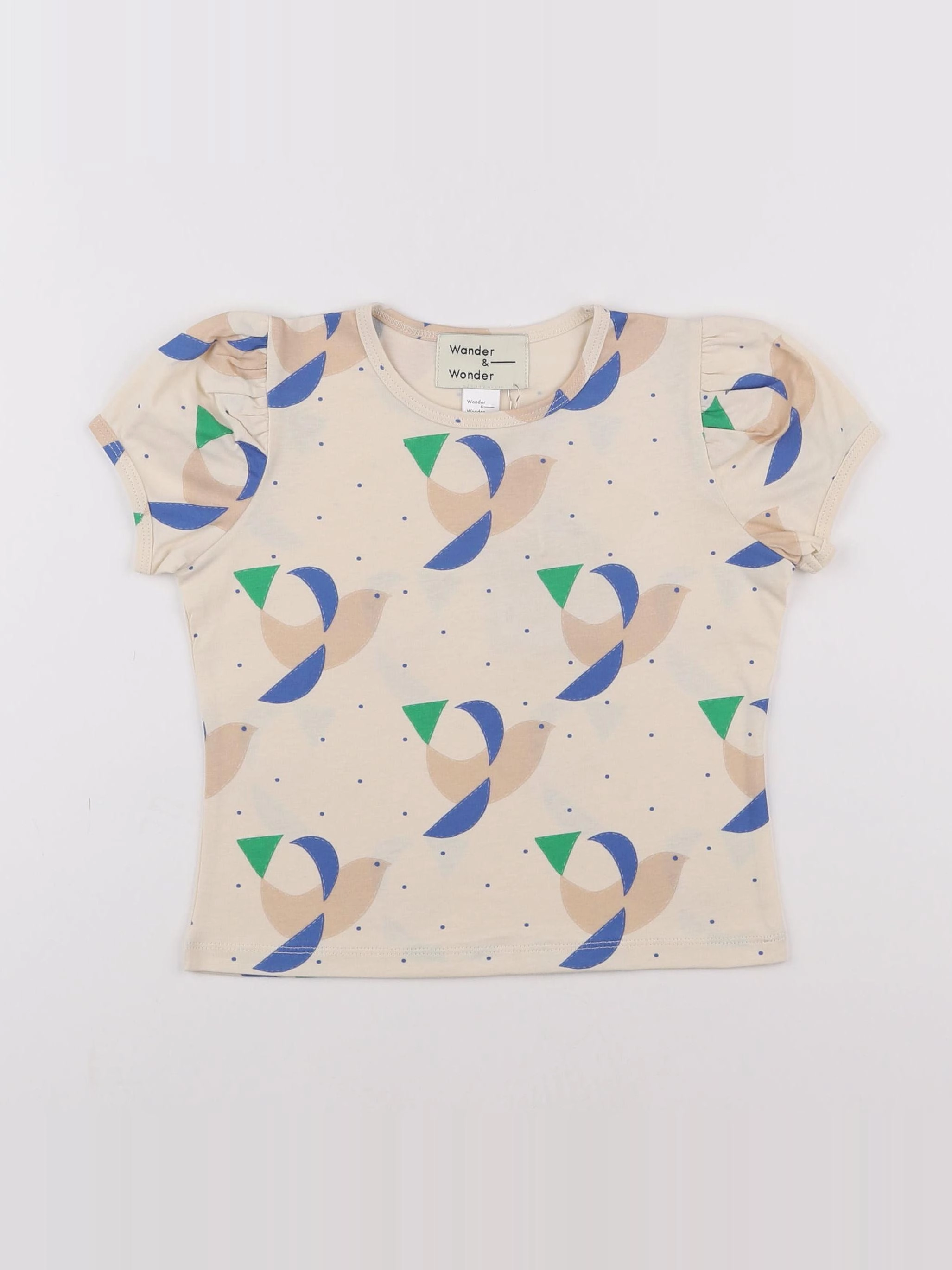 Wander & Wonder - Top Puff Sleeves Beige Bleu - 9/10 ans