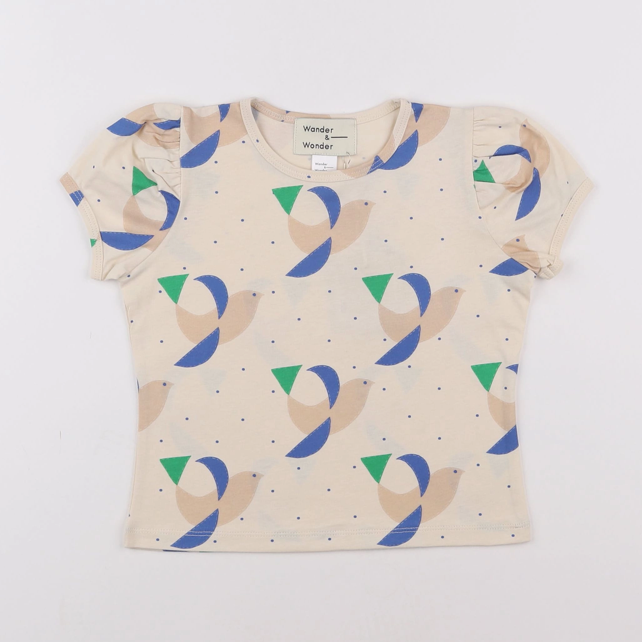 Wander & Wonder - Top Puff Sleeves Beige Bleu - 12 mois à 2 ans