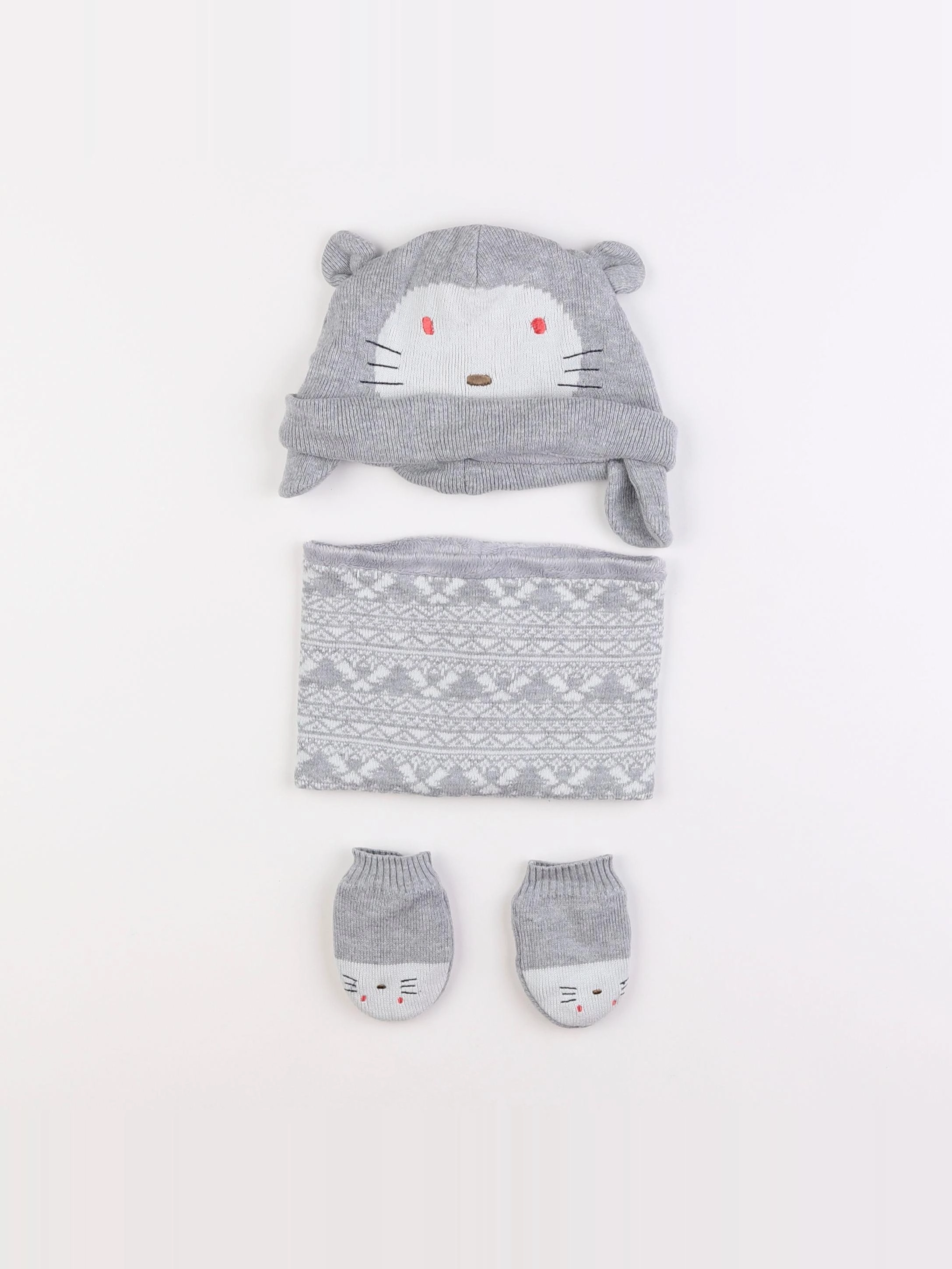 Vertbaudet - ensemble bonnet/moufles/tour de cou gris - 12/18 mois