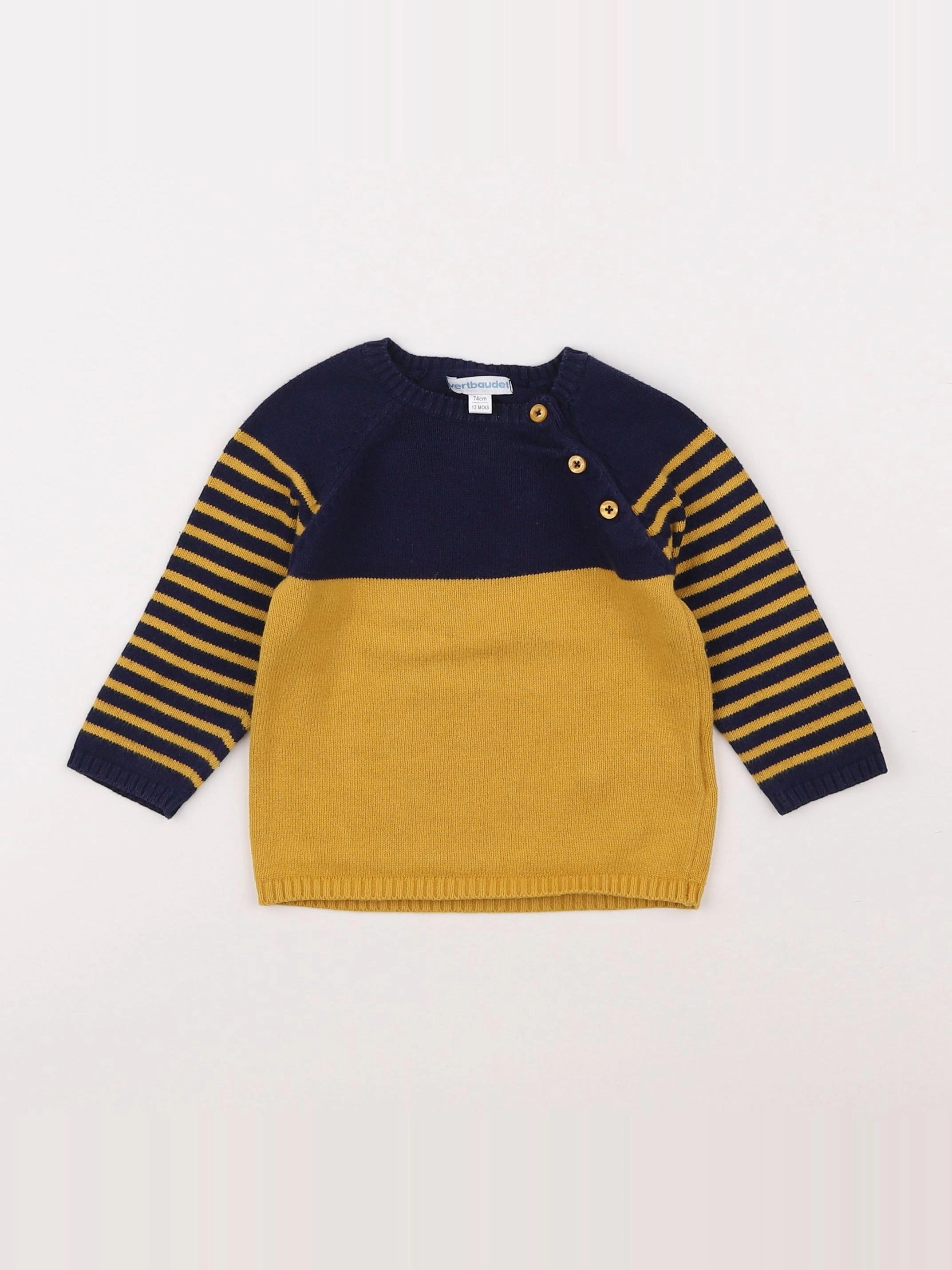 Vertbaudet - pull bleu, jaune - 12 mois