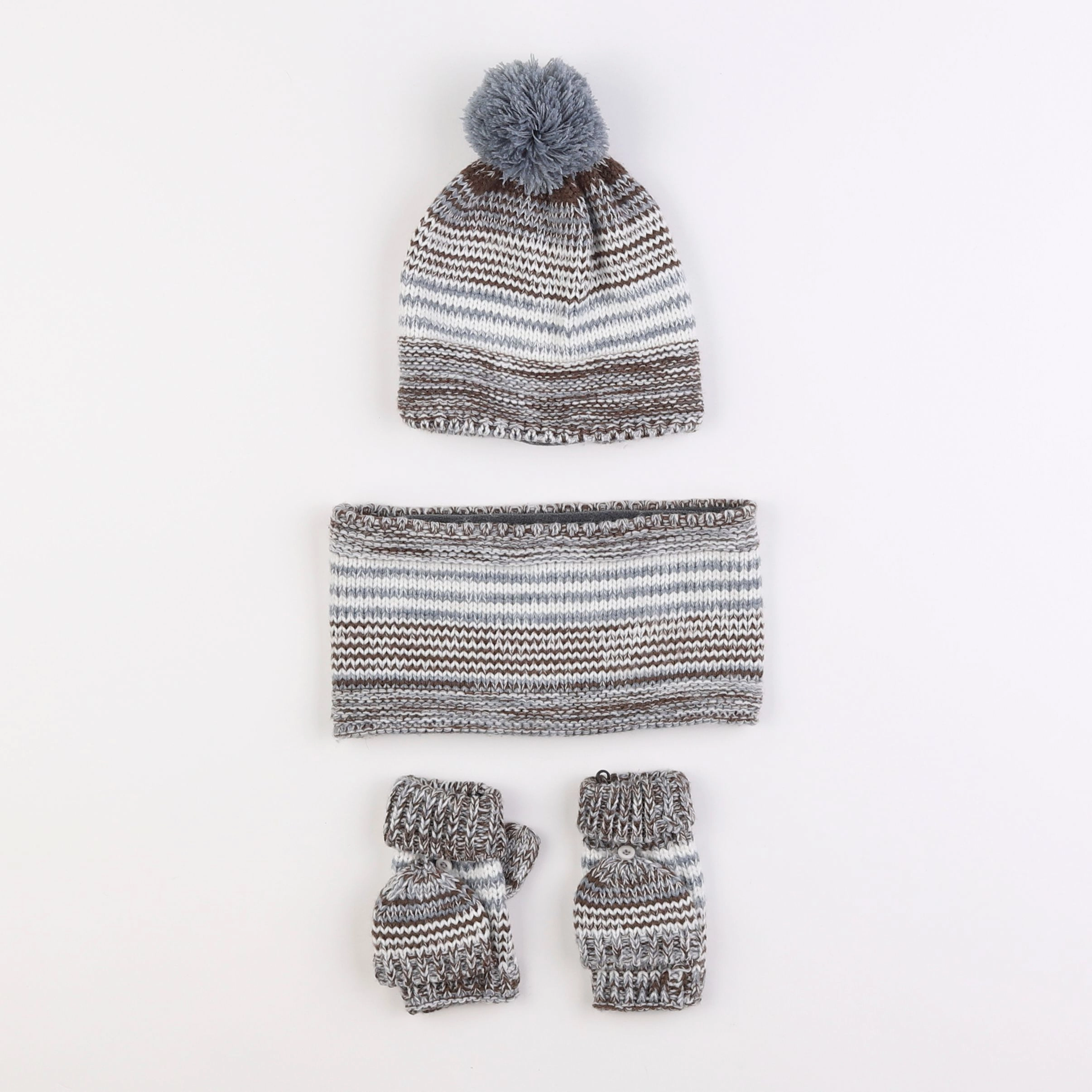 Vertbaudet - ensemble bonnet/moufles/tour de cou blanc, marron - 4/6 ans