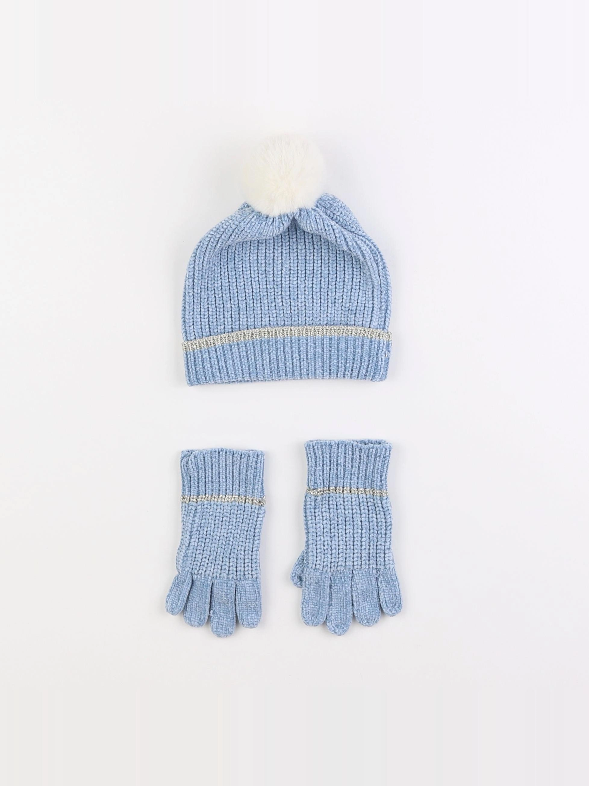 Vertbaudet - ensemble bonnet/moufles bleu, or - 4/6 ans