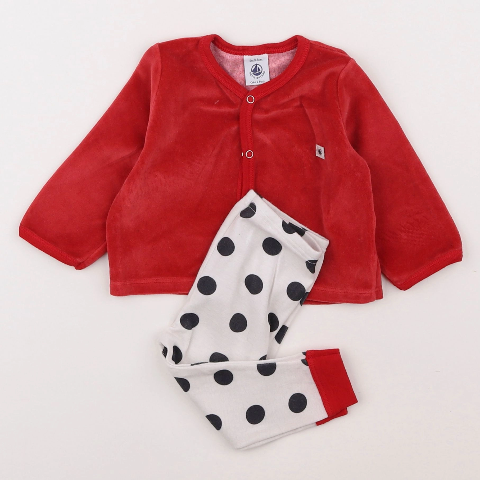 Petit Bateau - pyjama velours rouge, blanc - 6 mois