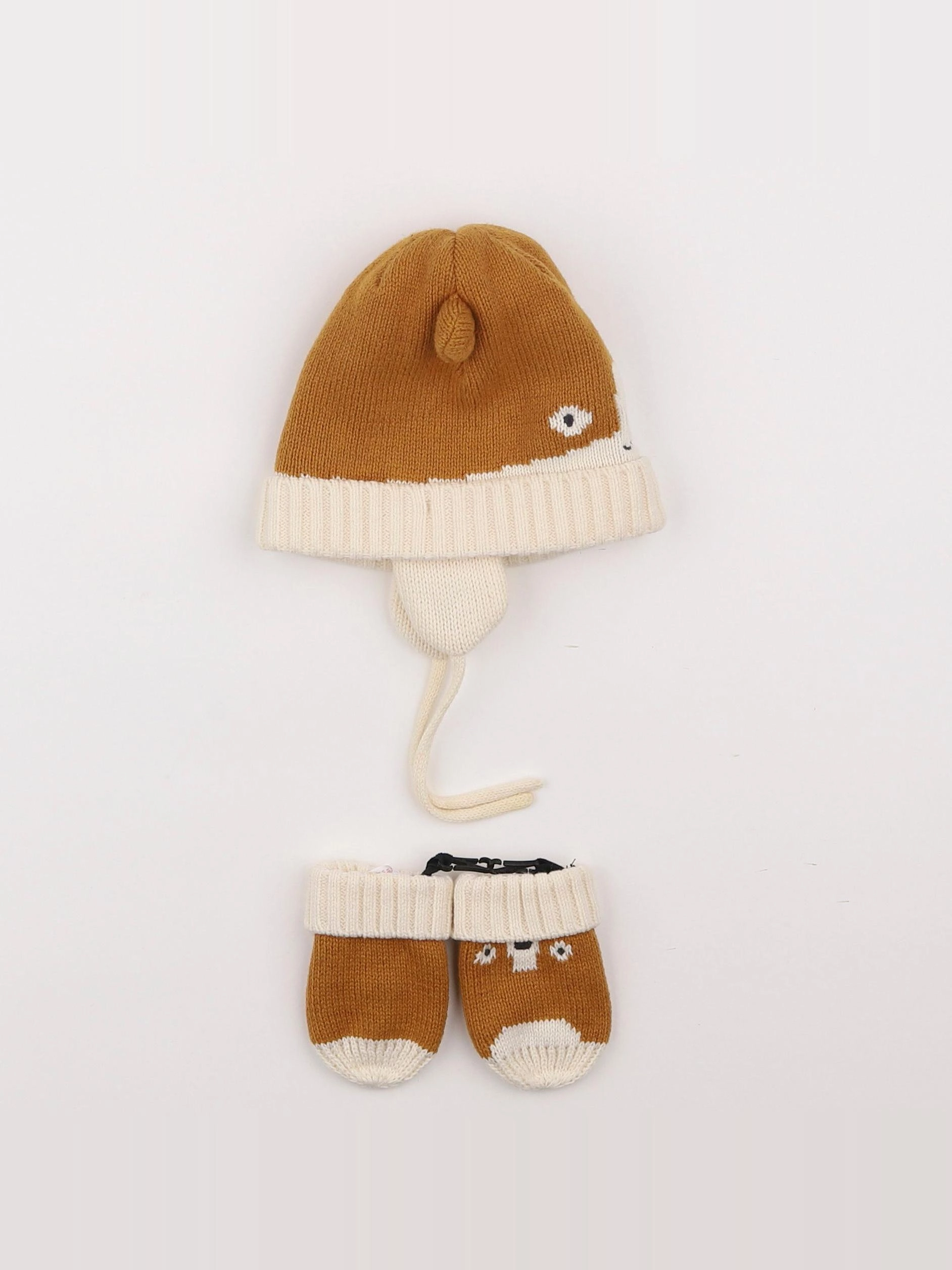 Vertbaudet - ensemble bonnet/moufles beige, marron - 12/18 mois