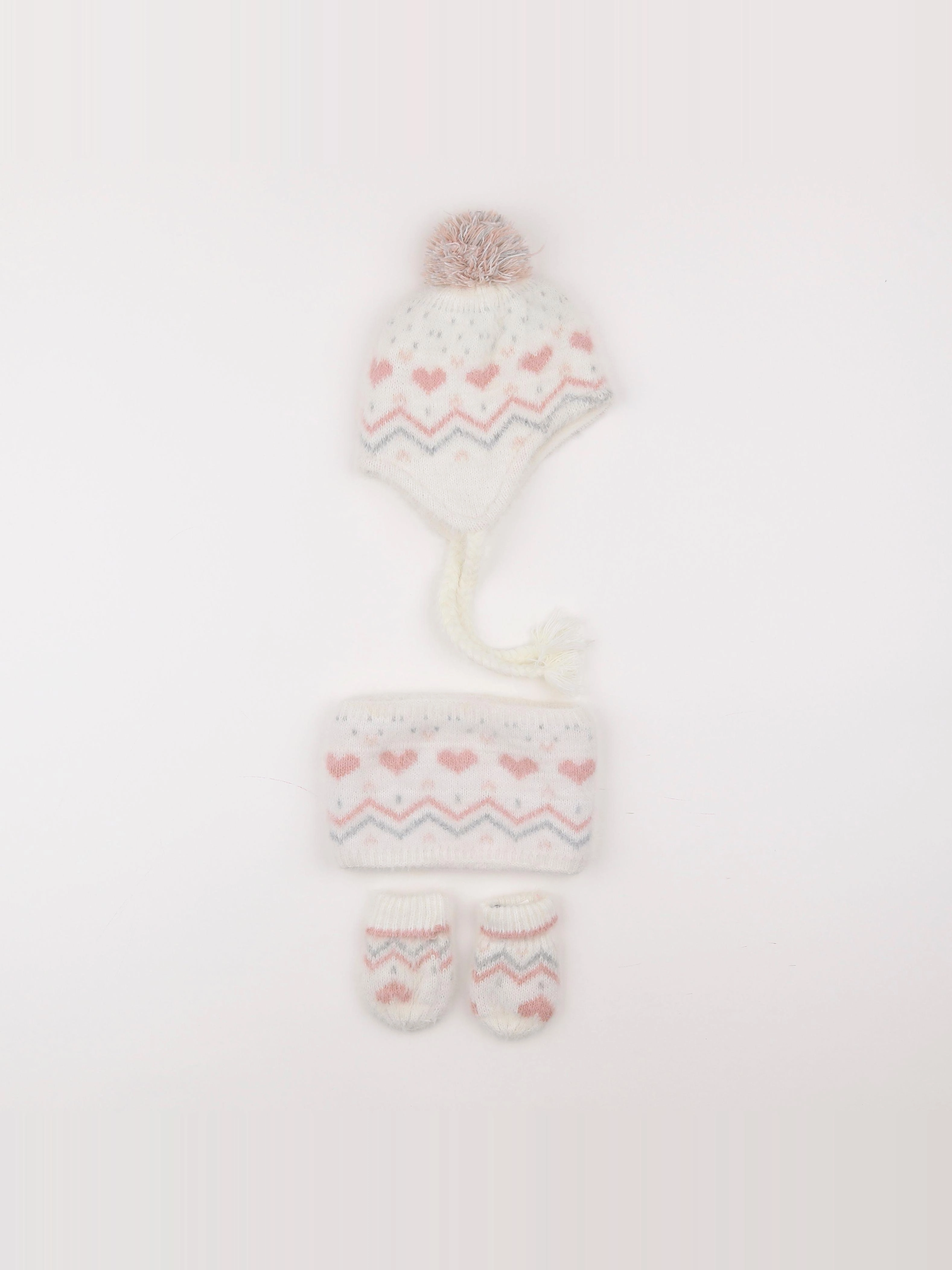 Vertbaudet - ensemble bonnet/moufles/tour de cou blanc, rose - 12/18 mois