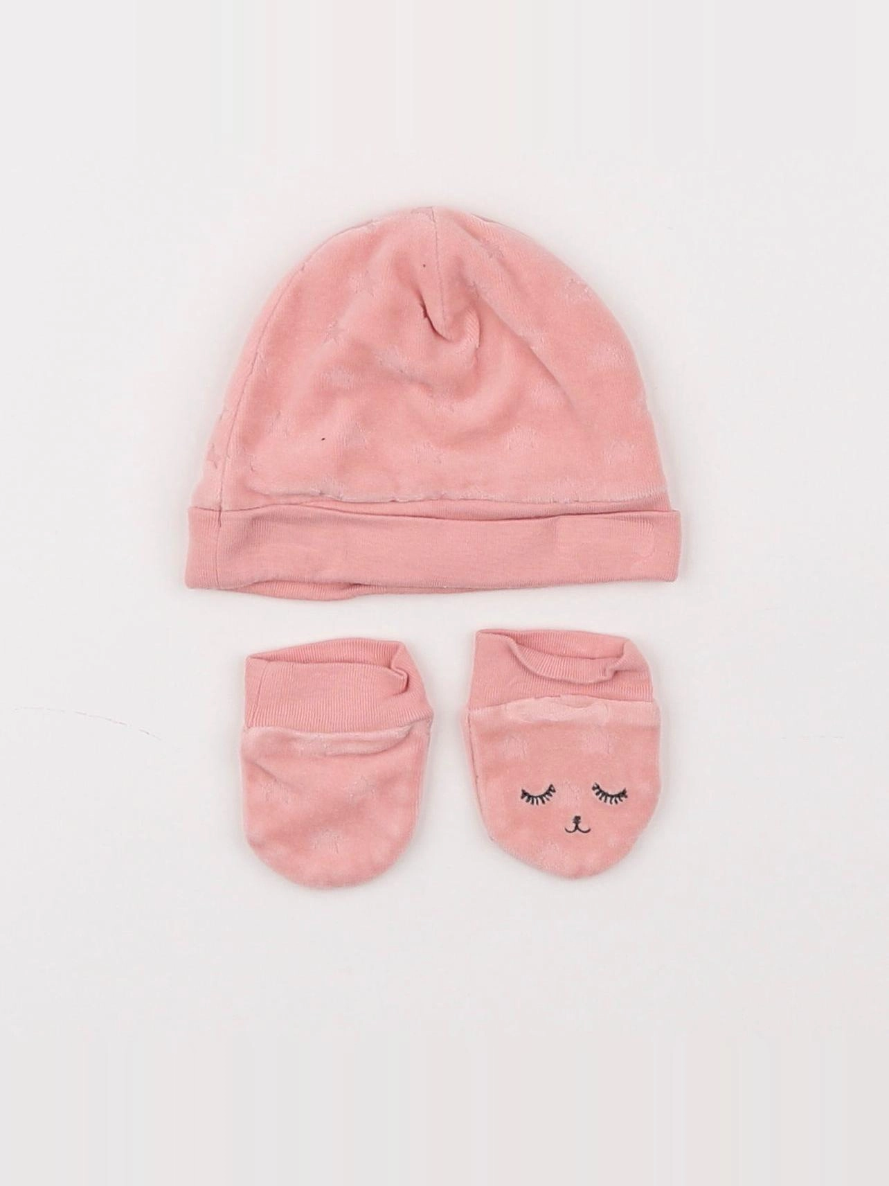 Vertbaudet - ensemble bonnet/moufles rose - 3/6 mois