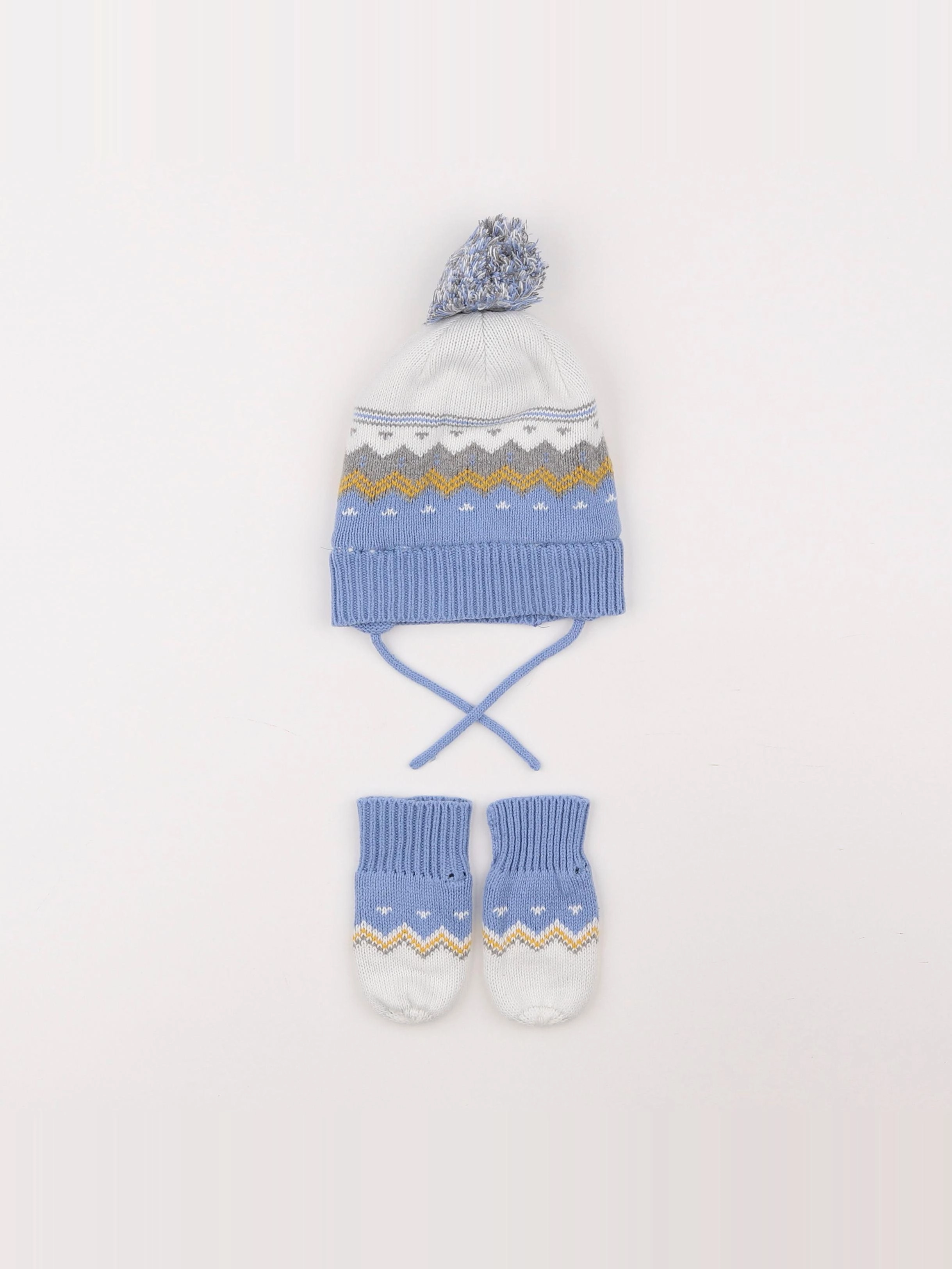 Vertbaudet - ensemble bonnet/moufles bleu, blanc - 12/18 mois