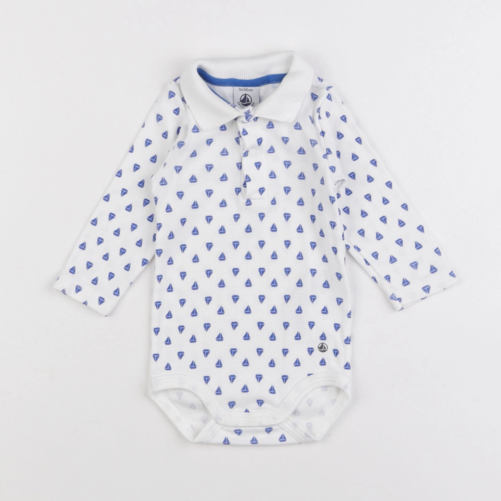 Petit Bateau - body à col blanc, bleu - 3 mois