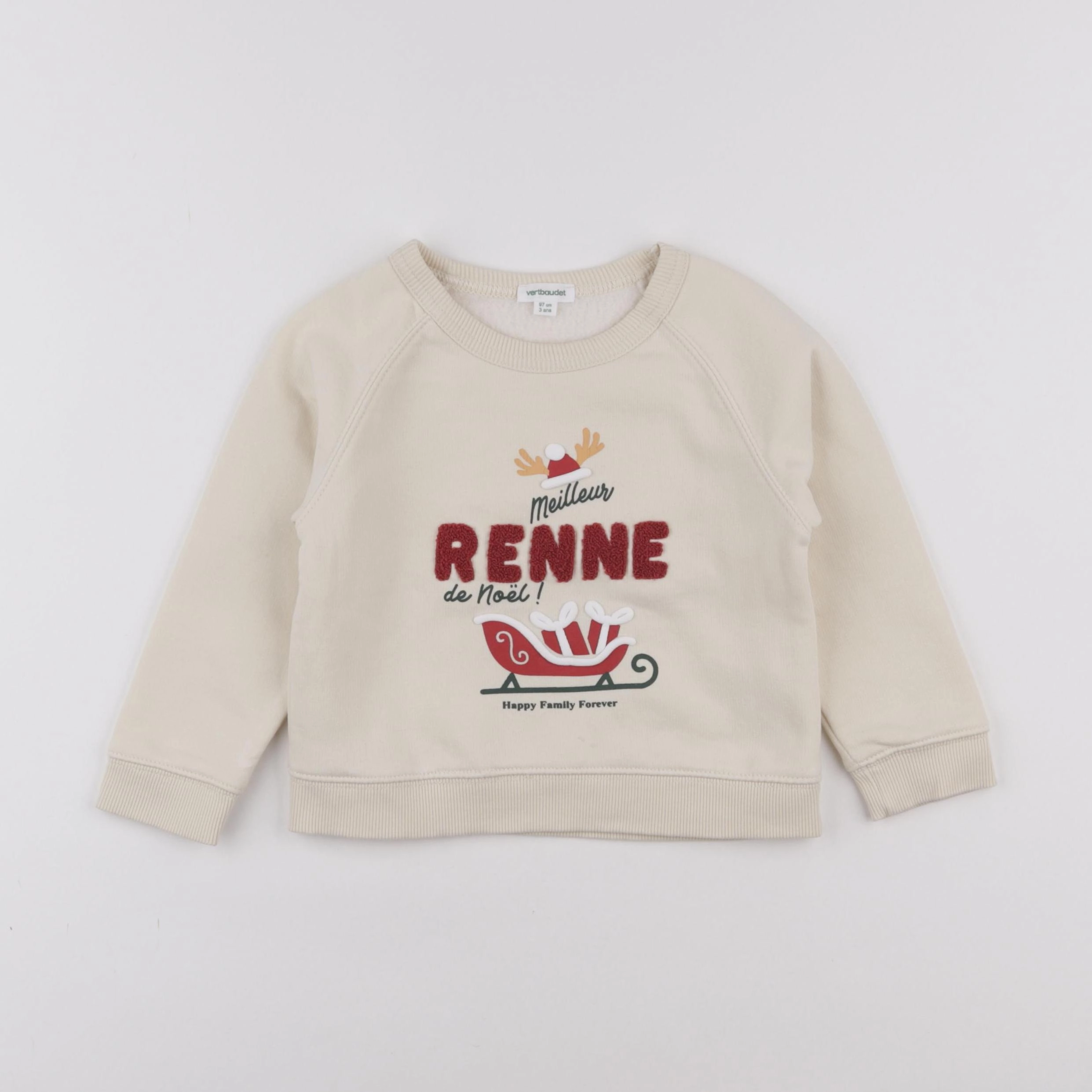 Vertbaudet - sweat beige, rouge - 3 ans