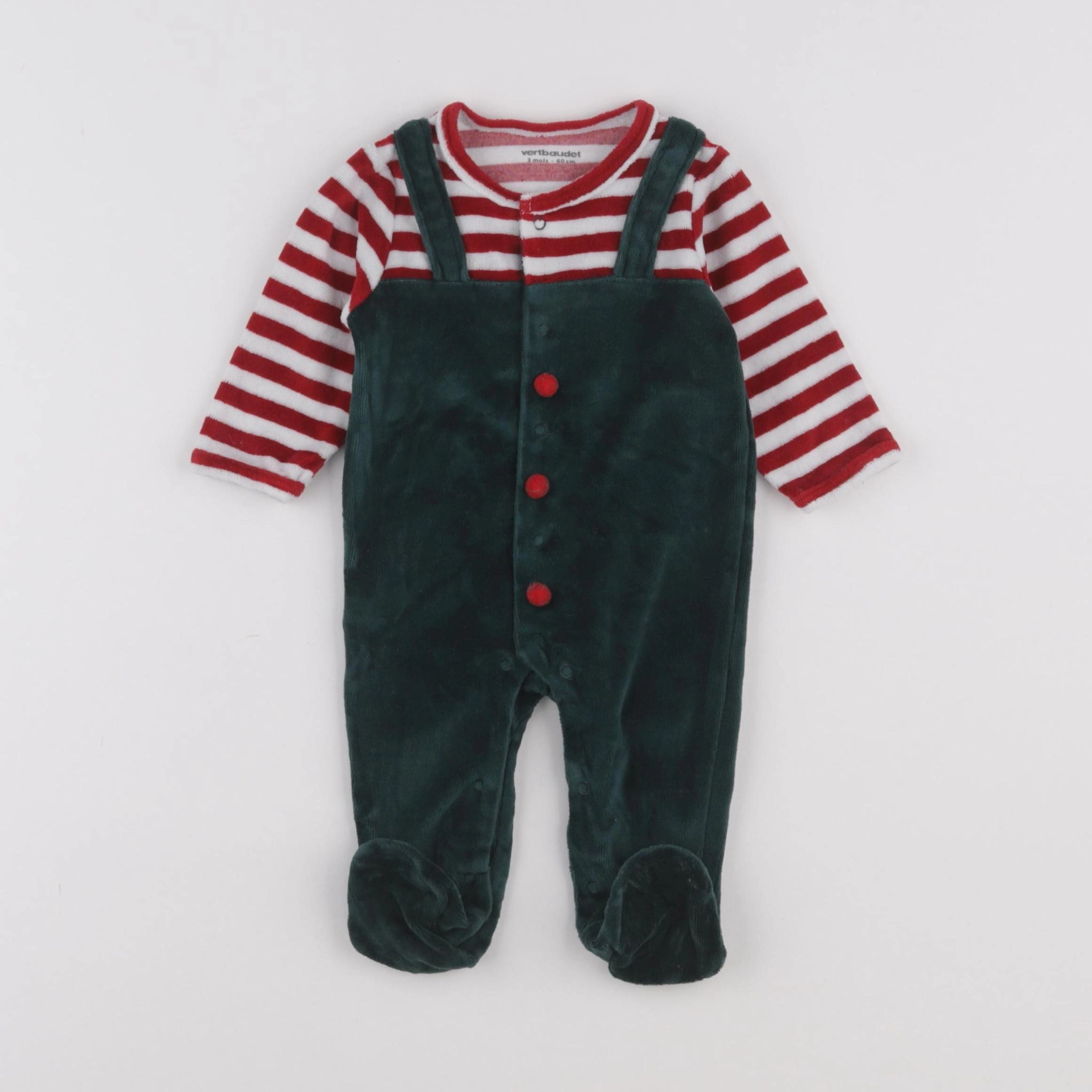 Vertbaudet - pyjama velours vert, rouge - 3 mois