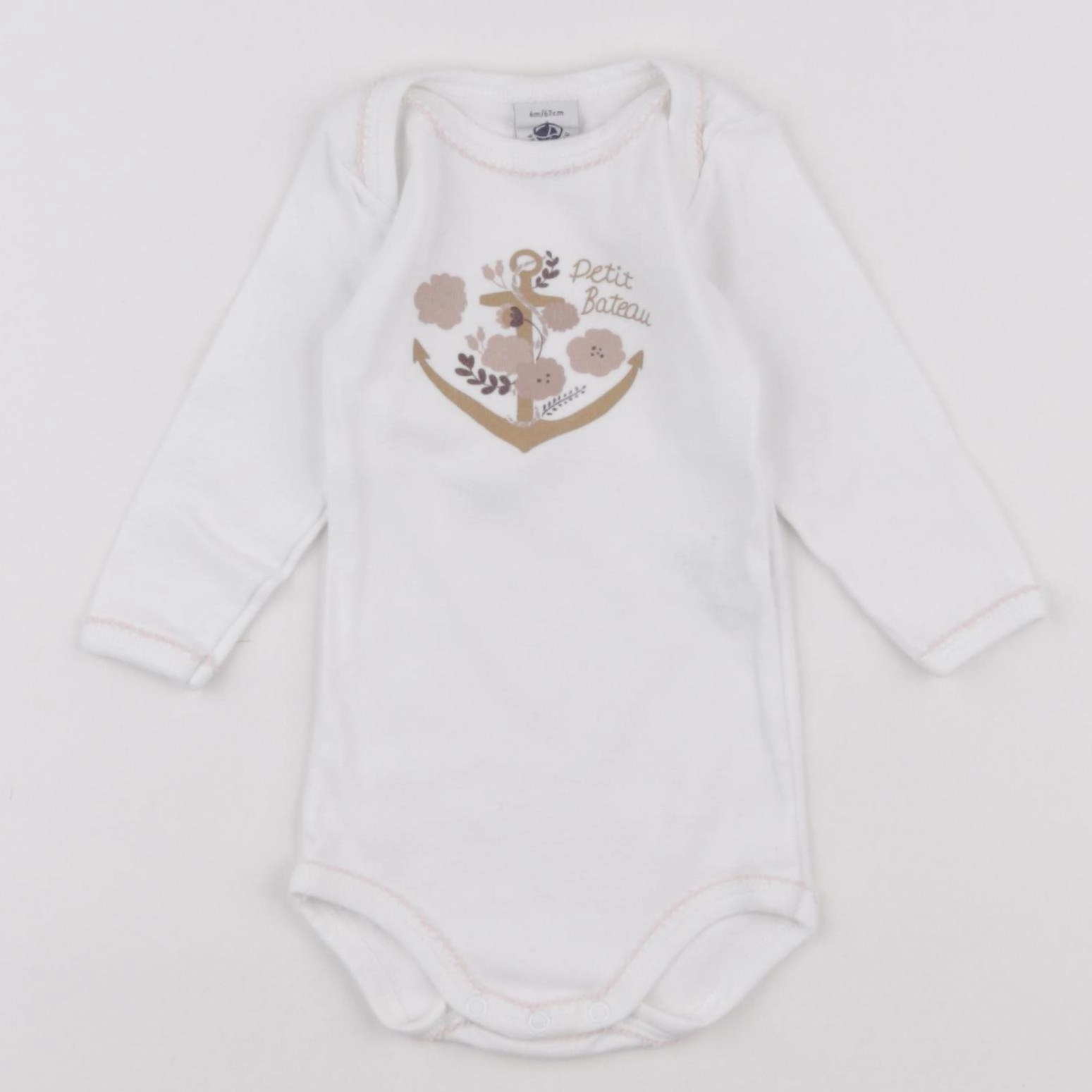 Petit Bateau - body blanc, rose - 6 mois