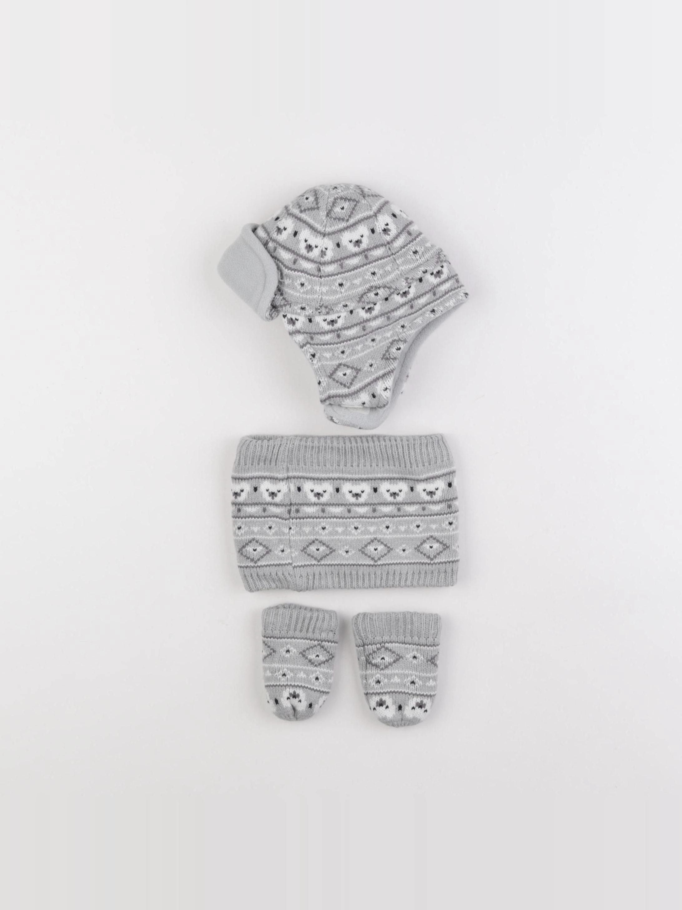 Vertbaudet - ensemble bonnet/moufles/tour de cou gris - 3/6 mois