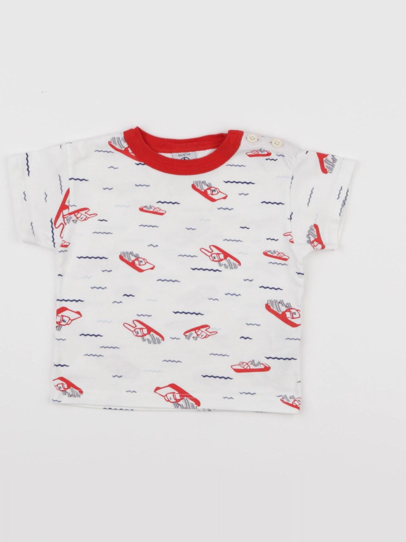 Petit Bateau - tee-shirt blanc, rouge - 6 mois