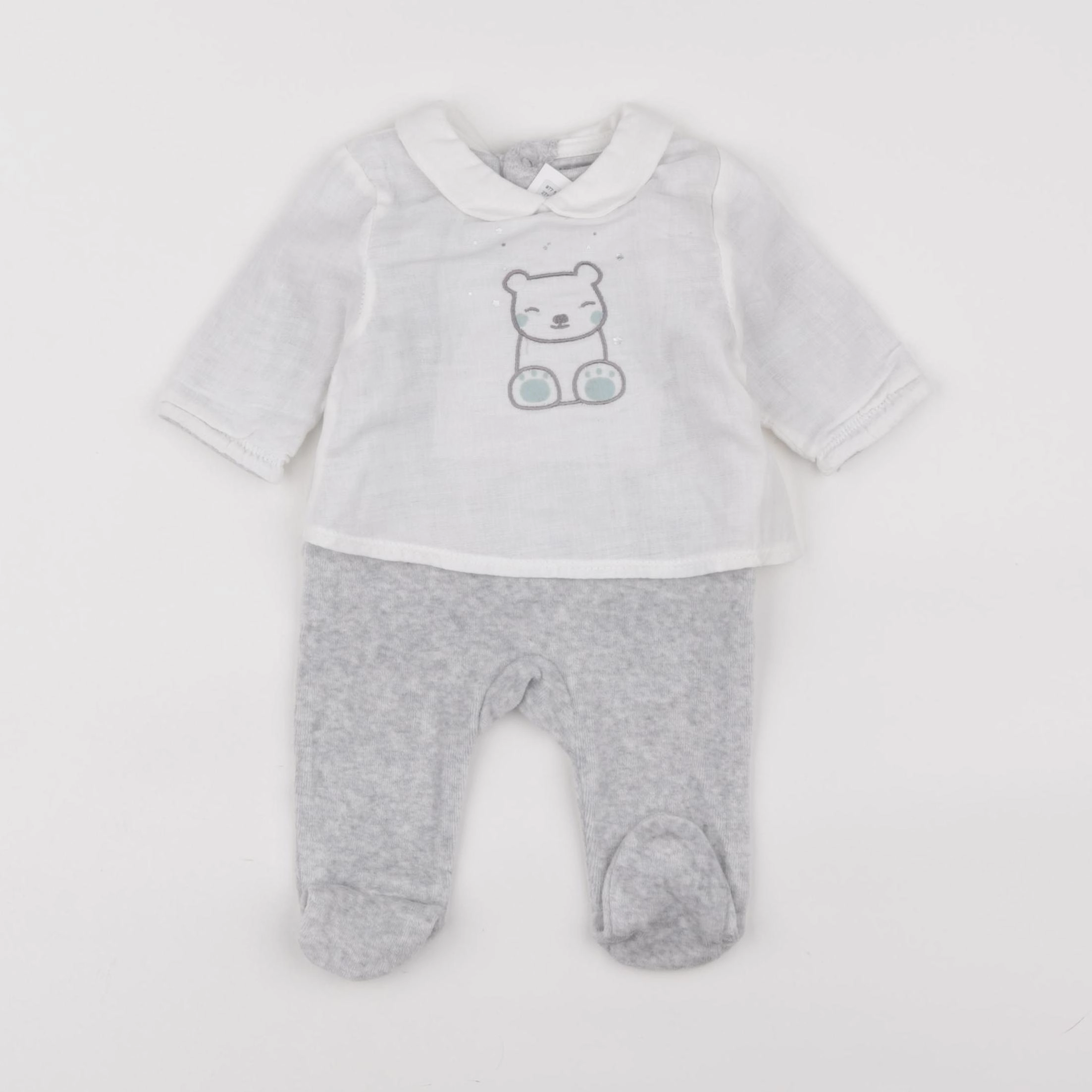 Vertbaudet - pyjama velours gris, blanc - 1 mois