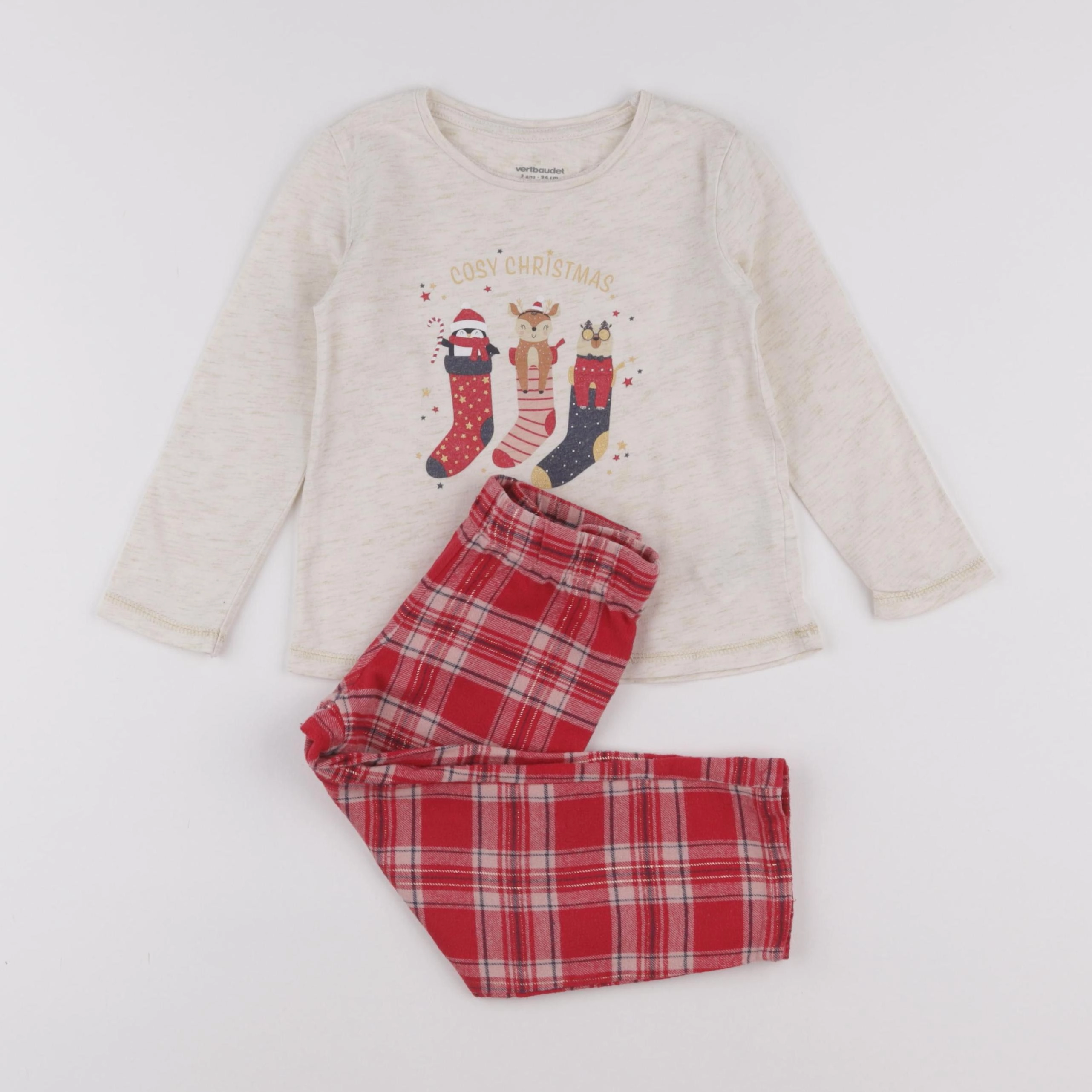 Vertbaudet - pyjama coton beige, rouge - 3 ans