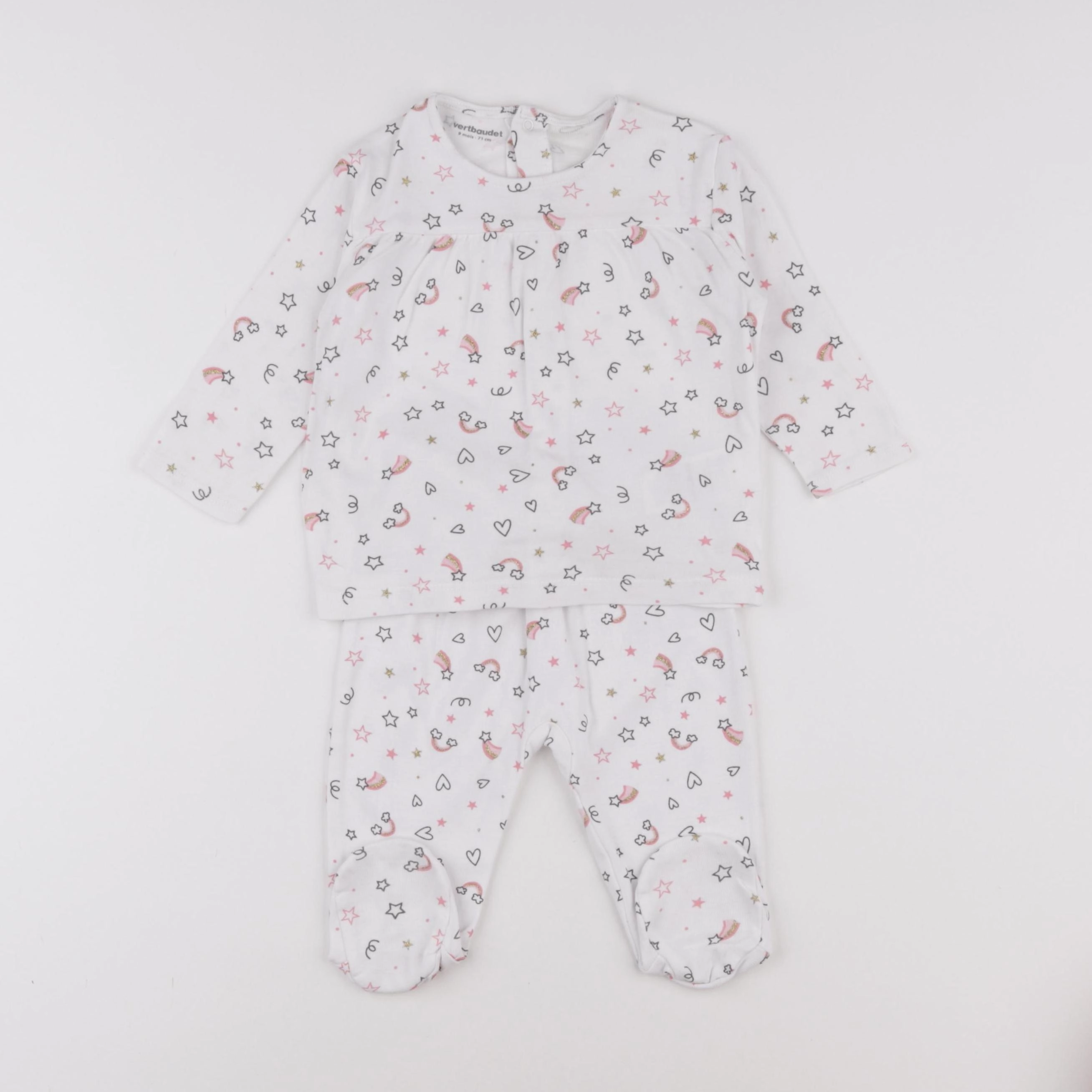 Vertbaudet - pyjama coton blanc, rose - 9 mois