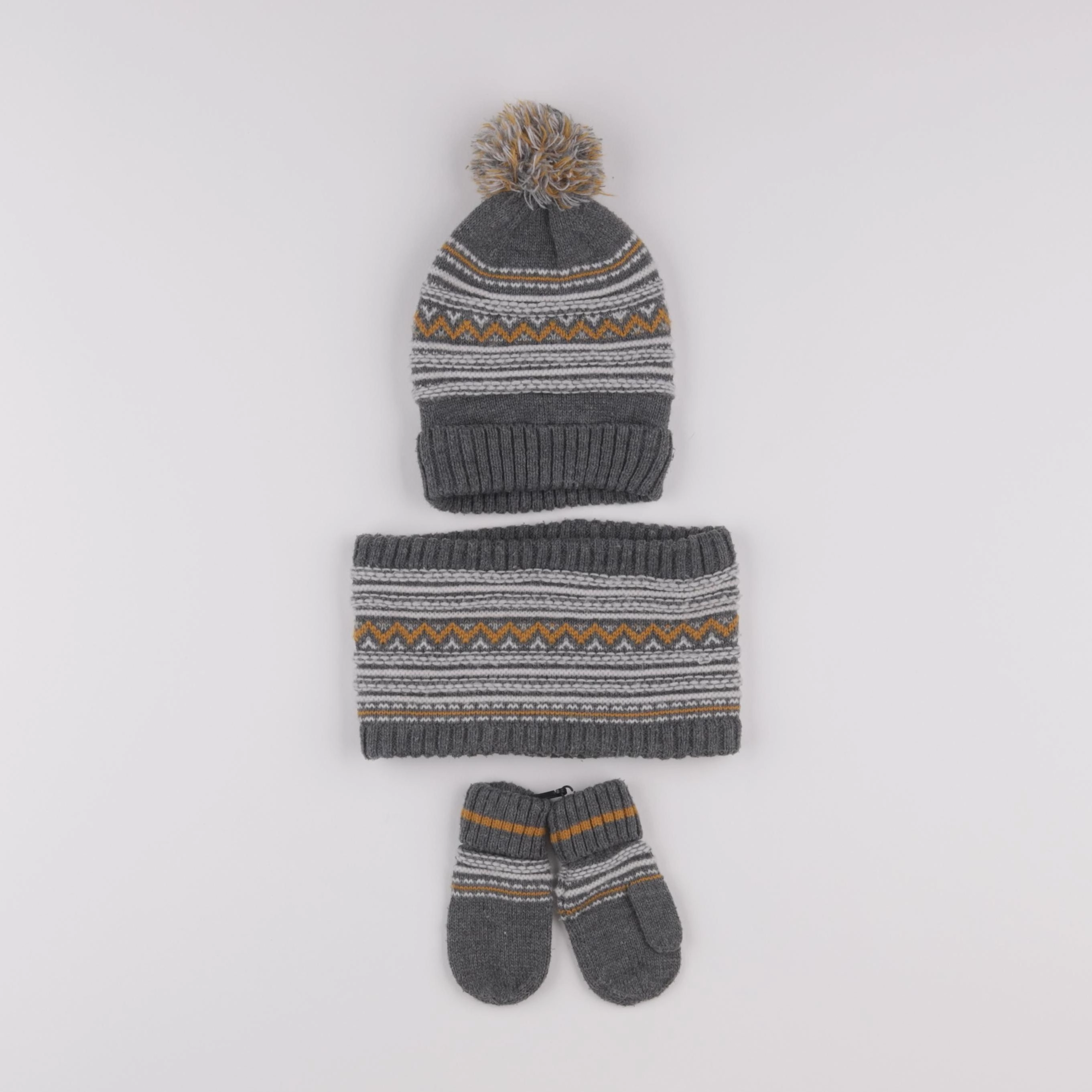 Vertbaudet - ensemble bonnet/moufles/tour de cou gris, jaune - 2/3 ans