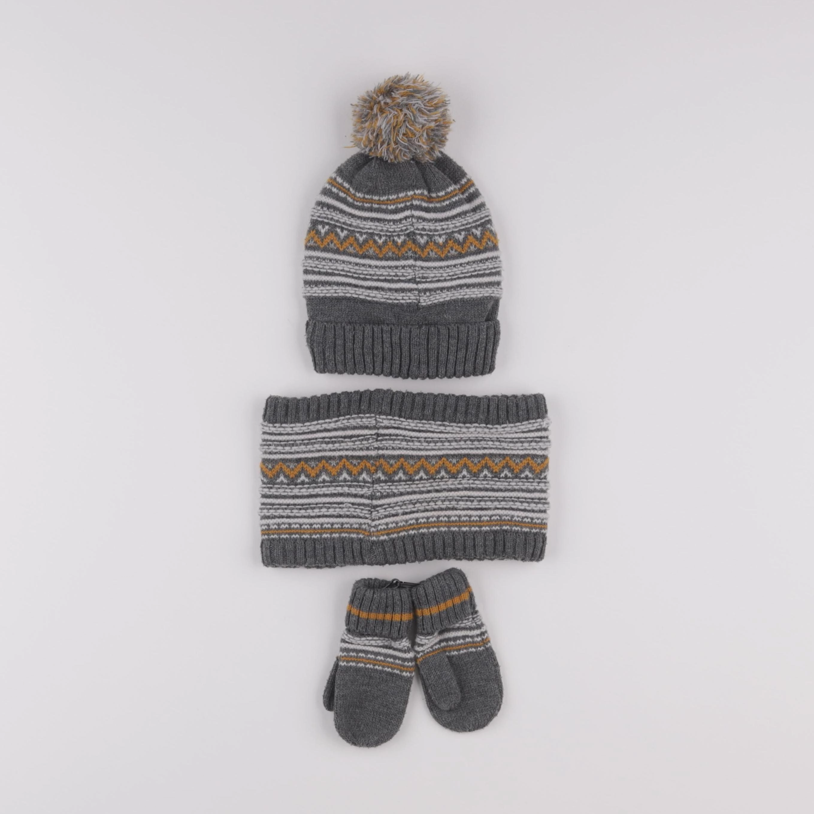 Vertbaudet - ensemble bonnet/moufles/tour de cou gris, jaune - 2/3 ans
