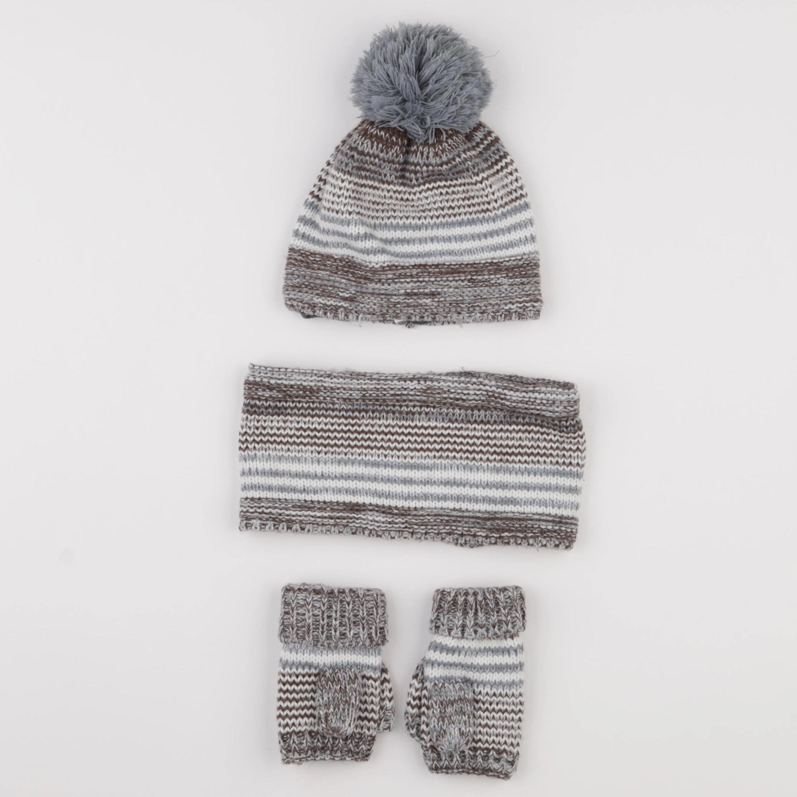 Vertbaudet - ensemble bonnet/moufles/tour de cou bleu, marron - 8/10 ans
