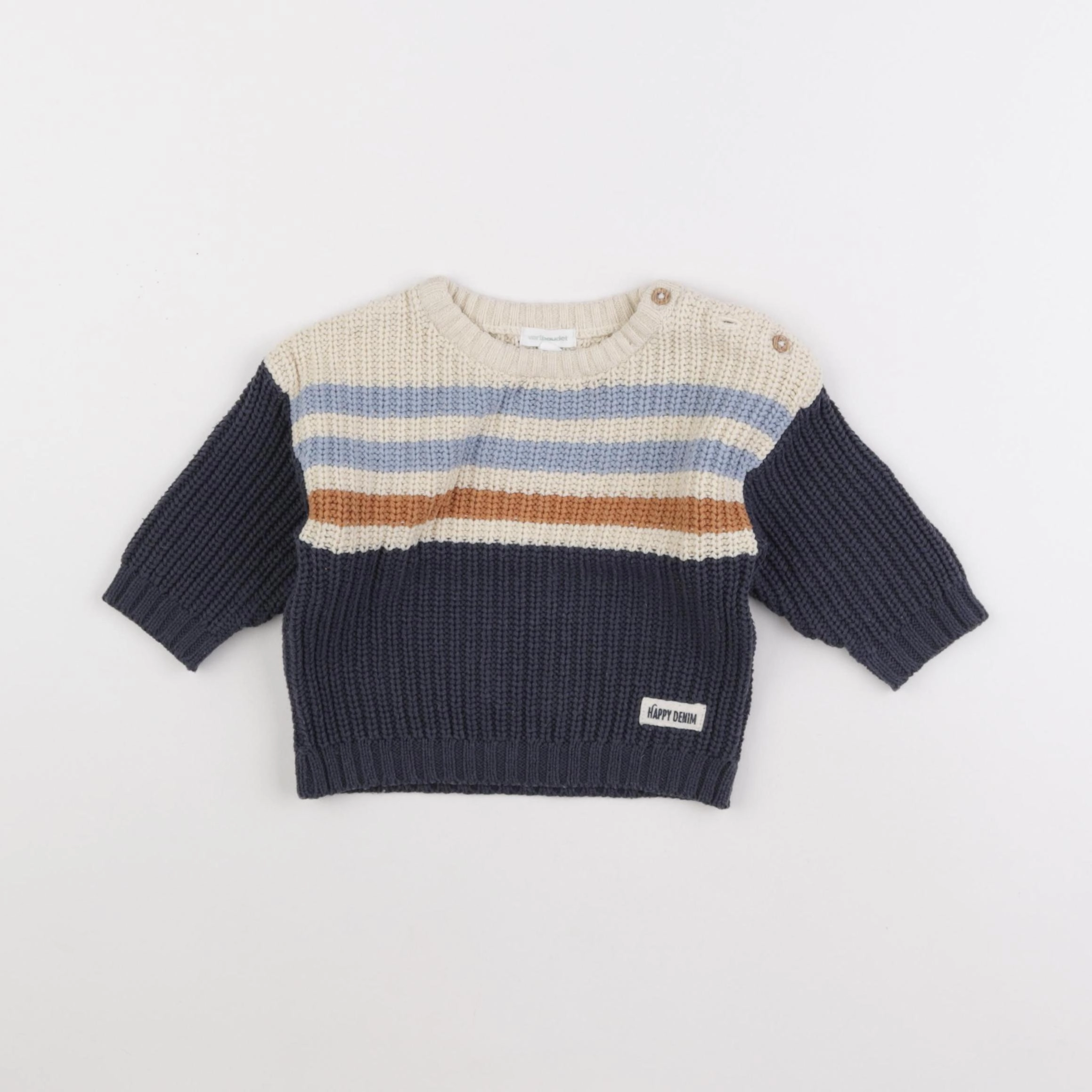Vertbaudet - pull bleu, beige - 9 mois