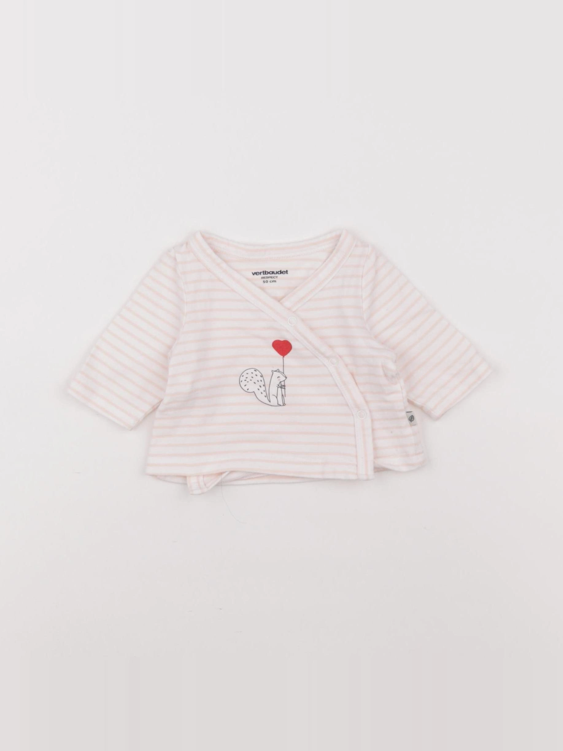 Vertbaudet - tee-shirt blanc, rose - 0 mois