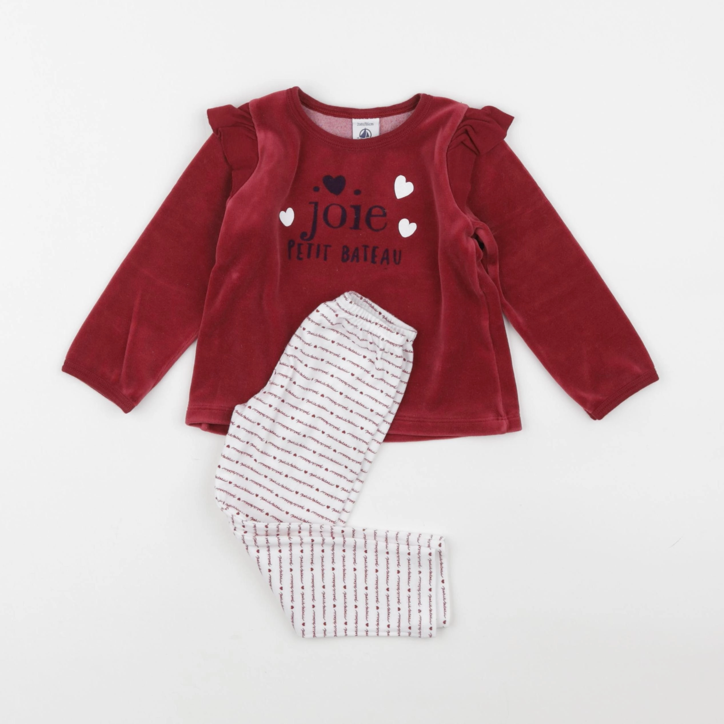 Petit Bateau - pyjama velours blanc, rouge - 2 ans
