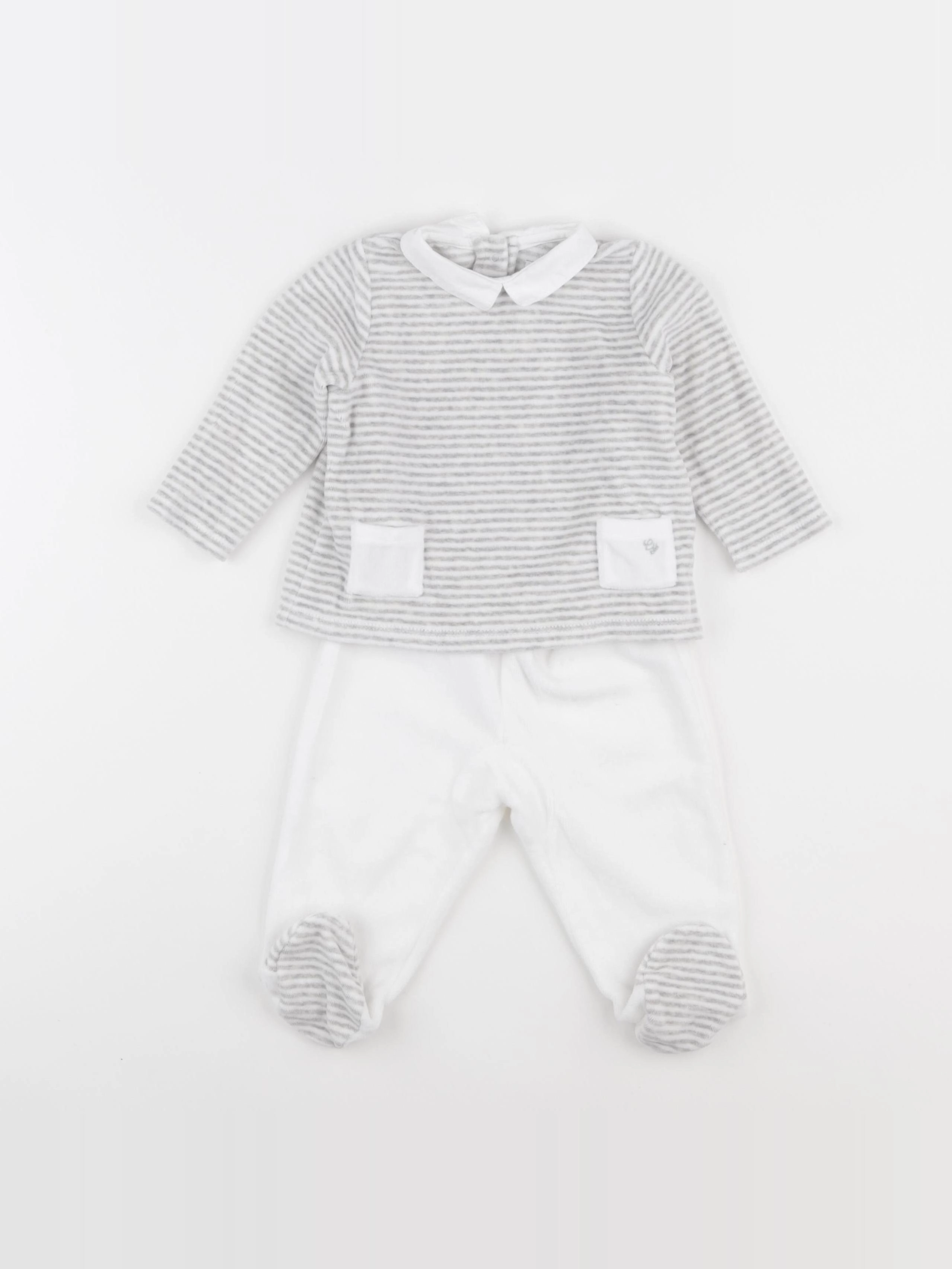 Cyrillus - pyjama velours blanc, gris - 9 mois